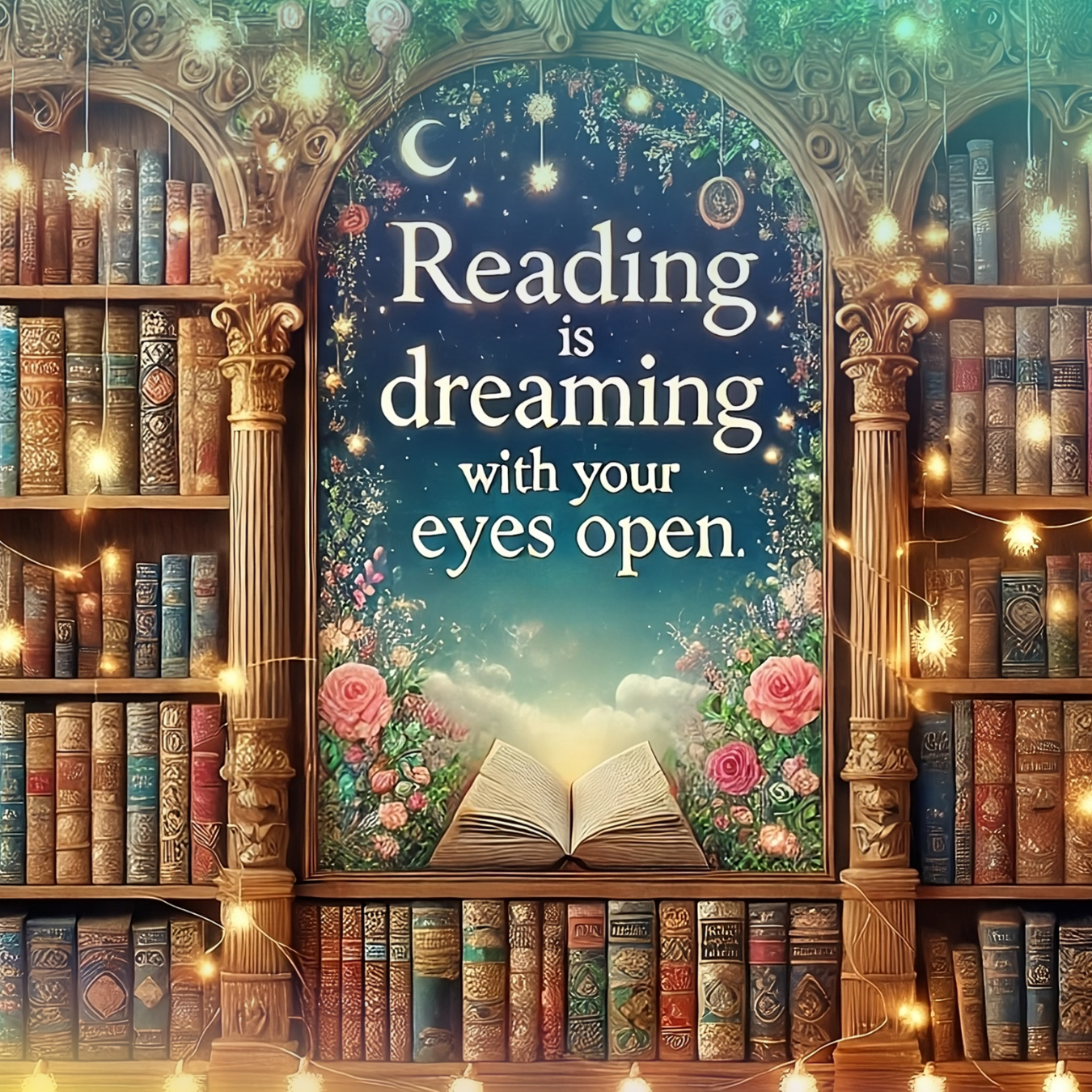 Bookshelves flank an arched window with a quote about reading, illuminated by fairy lights.
