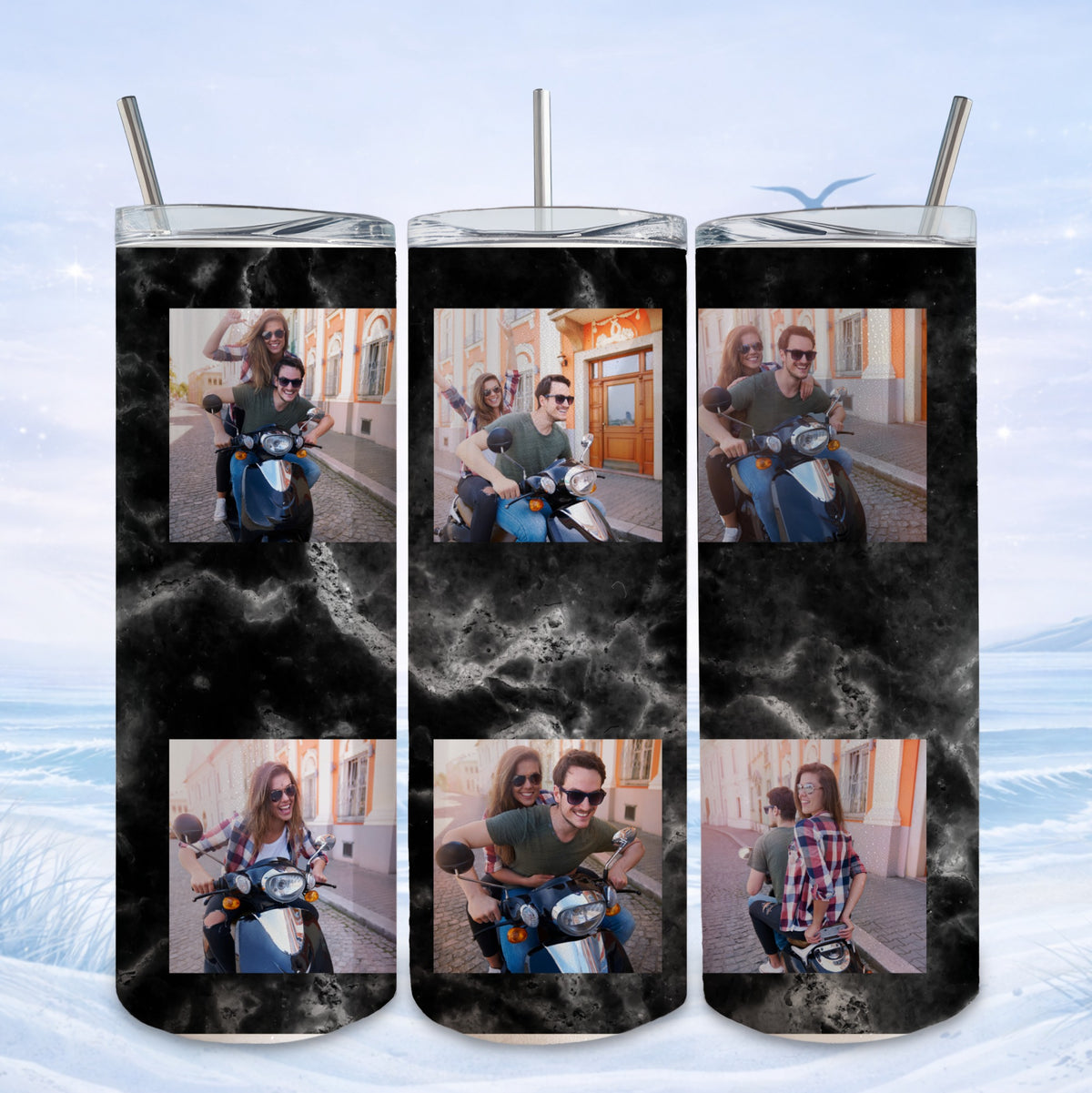 Three tumblers featuring a collage of people riding scooters on a marbled background.