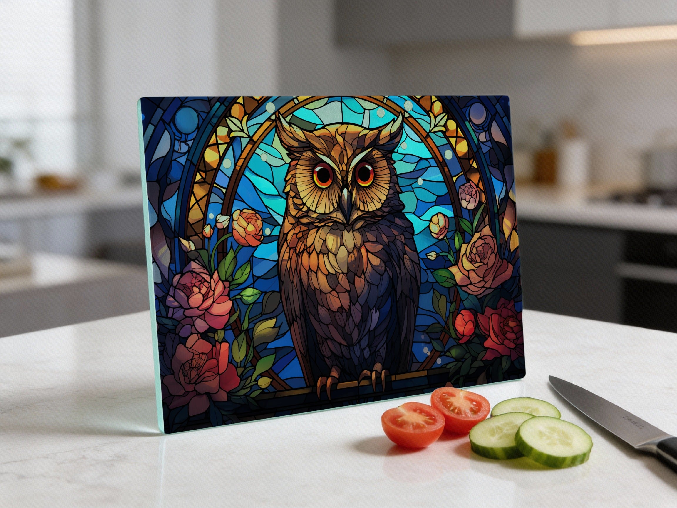 Cutting board with a stained-glass owl and floral motif.