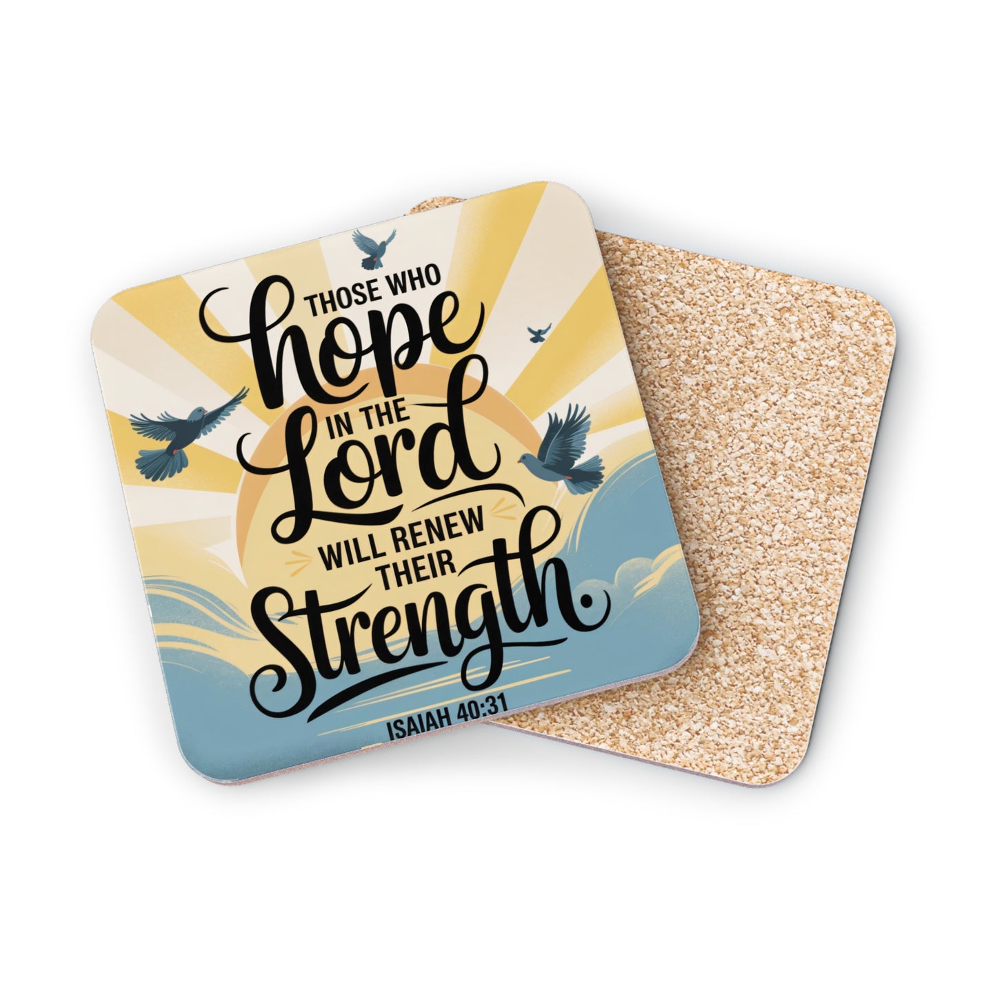 Coaster with "hope in the Lord" text and birds.