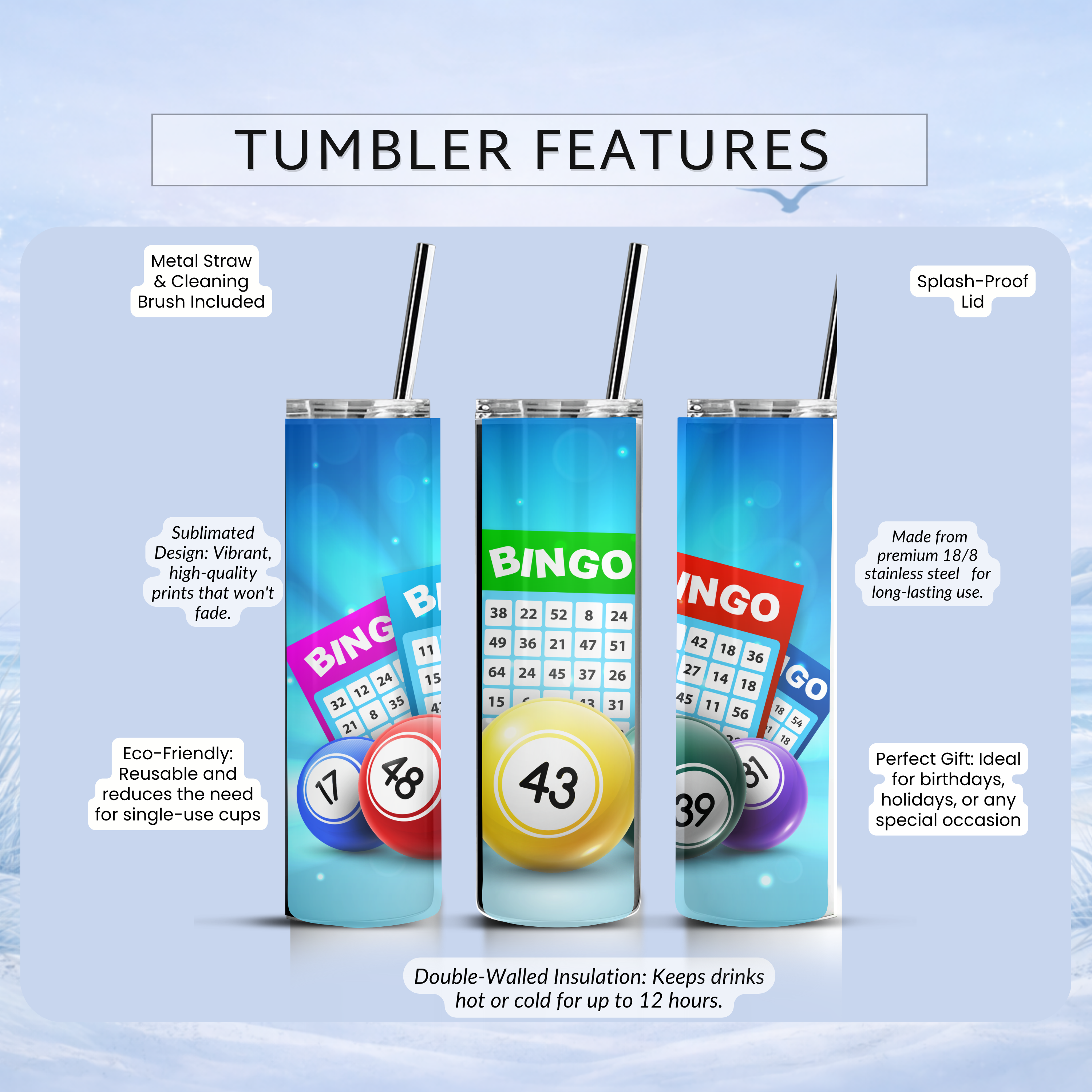 bingo themed drinkware with straw lid