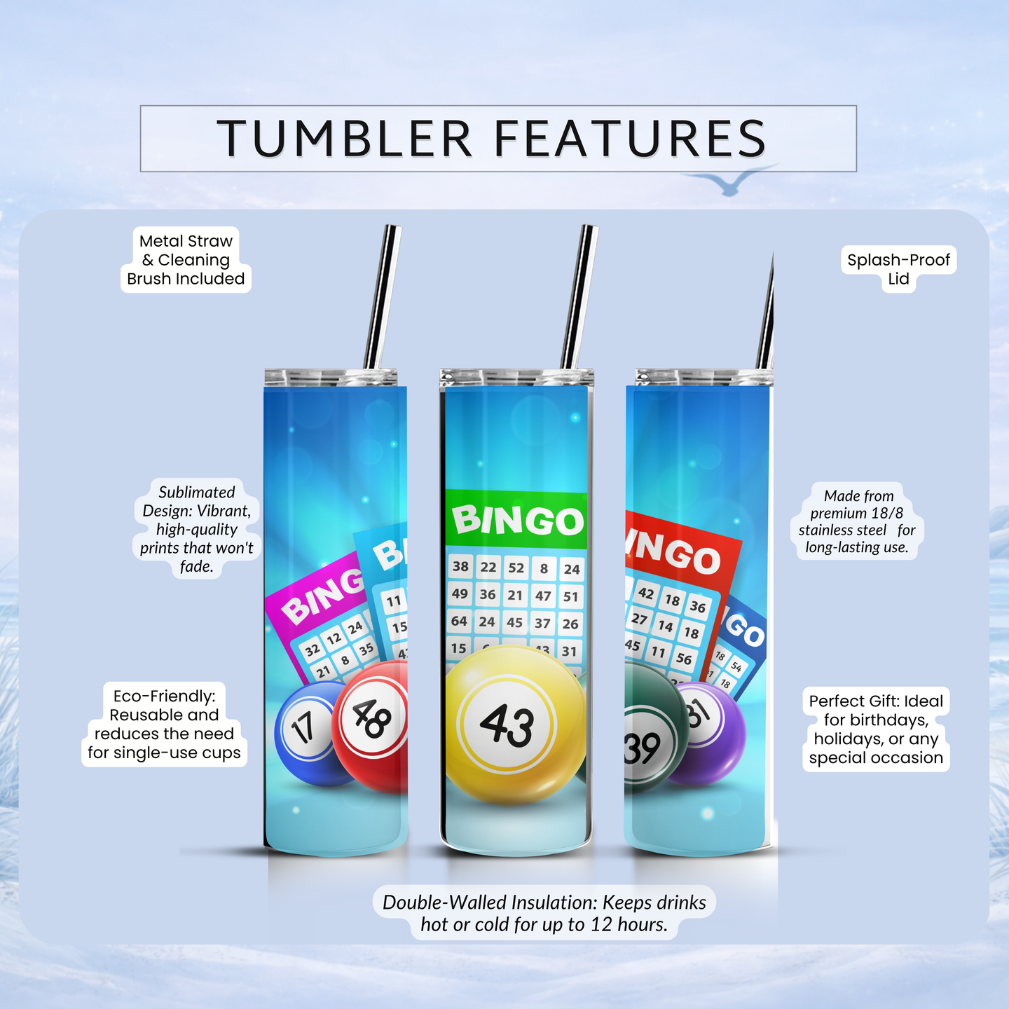 bingo themed drinkware with straw lid