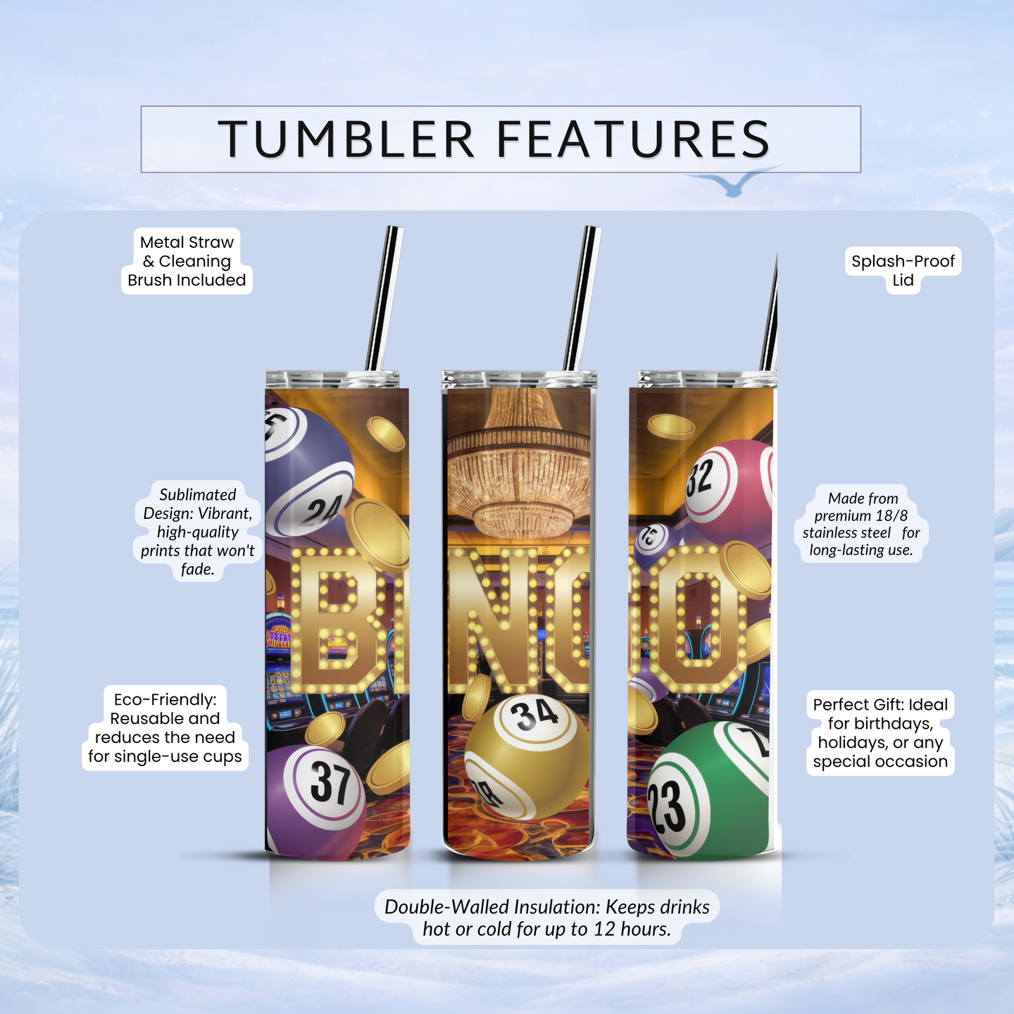 bingo themed drinkware with straw lid