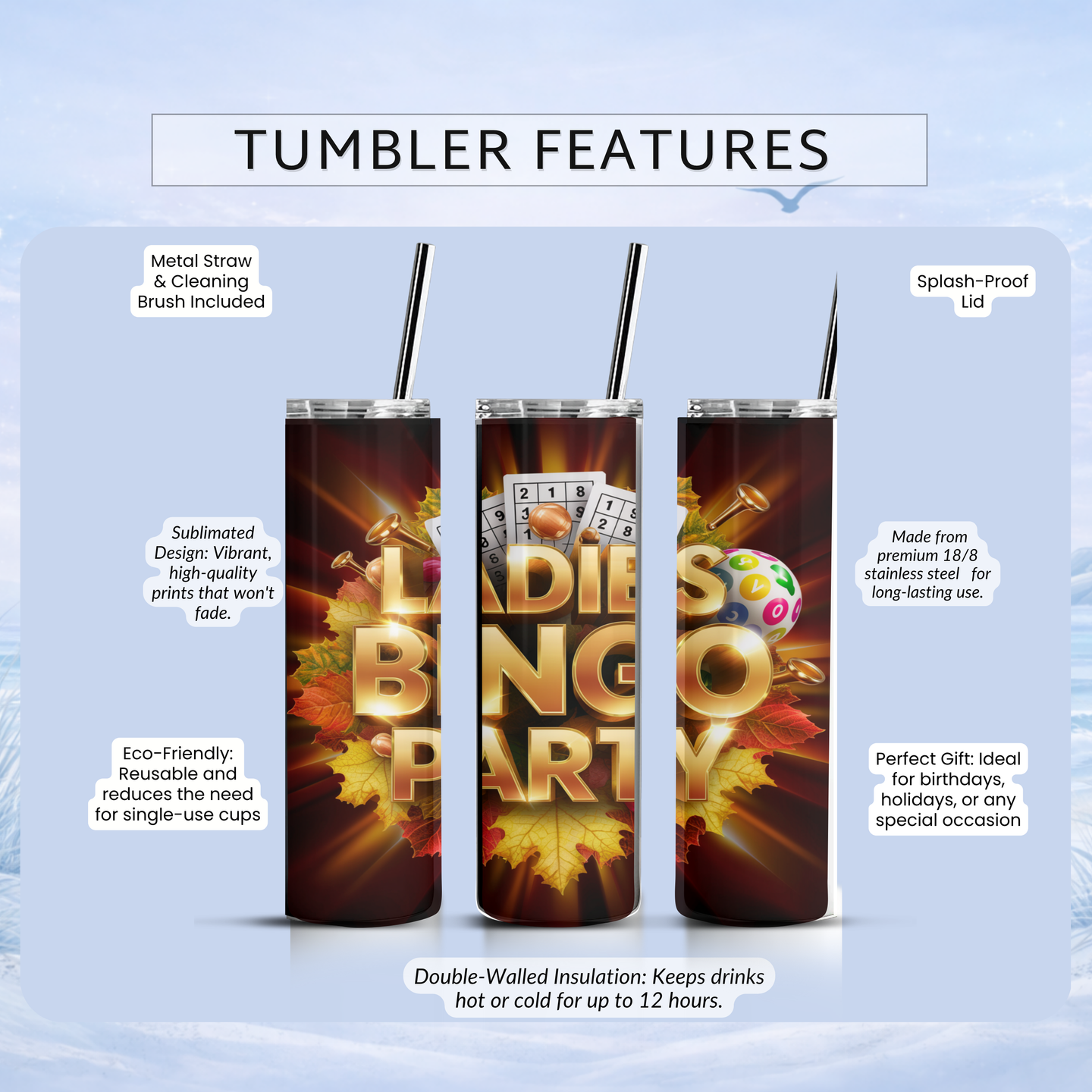 bingo themed insulated tumbler with straw