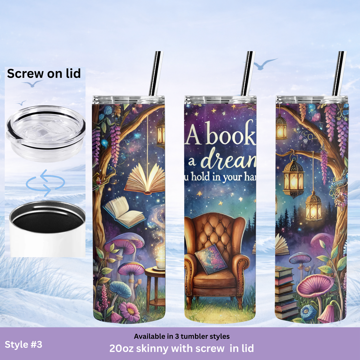 boho floral books tumbler 20 oz skinny cup
