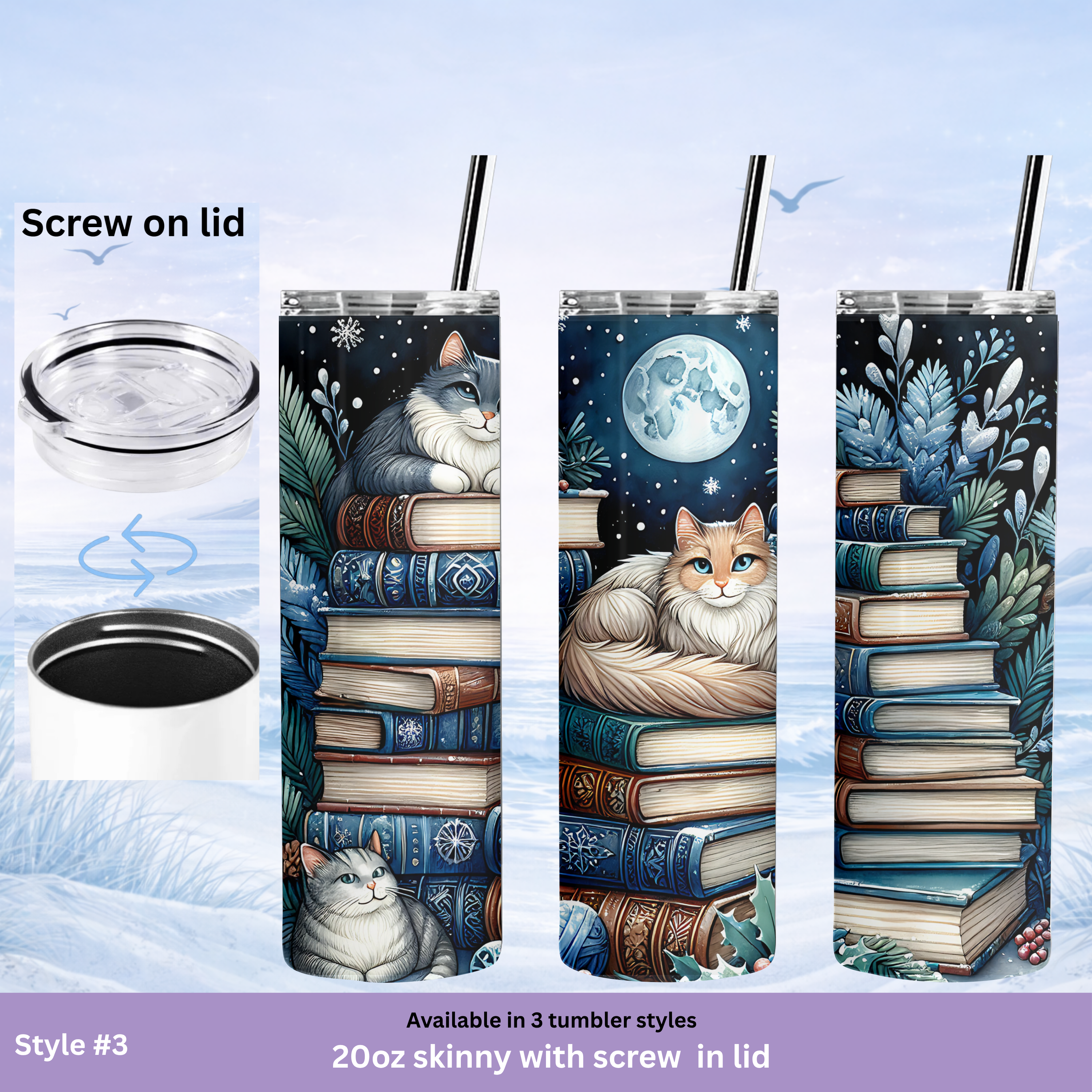 book lover cat tumbler moon night design