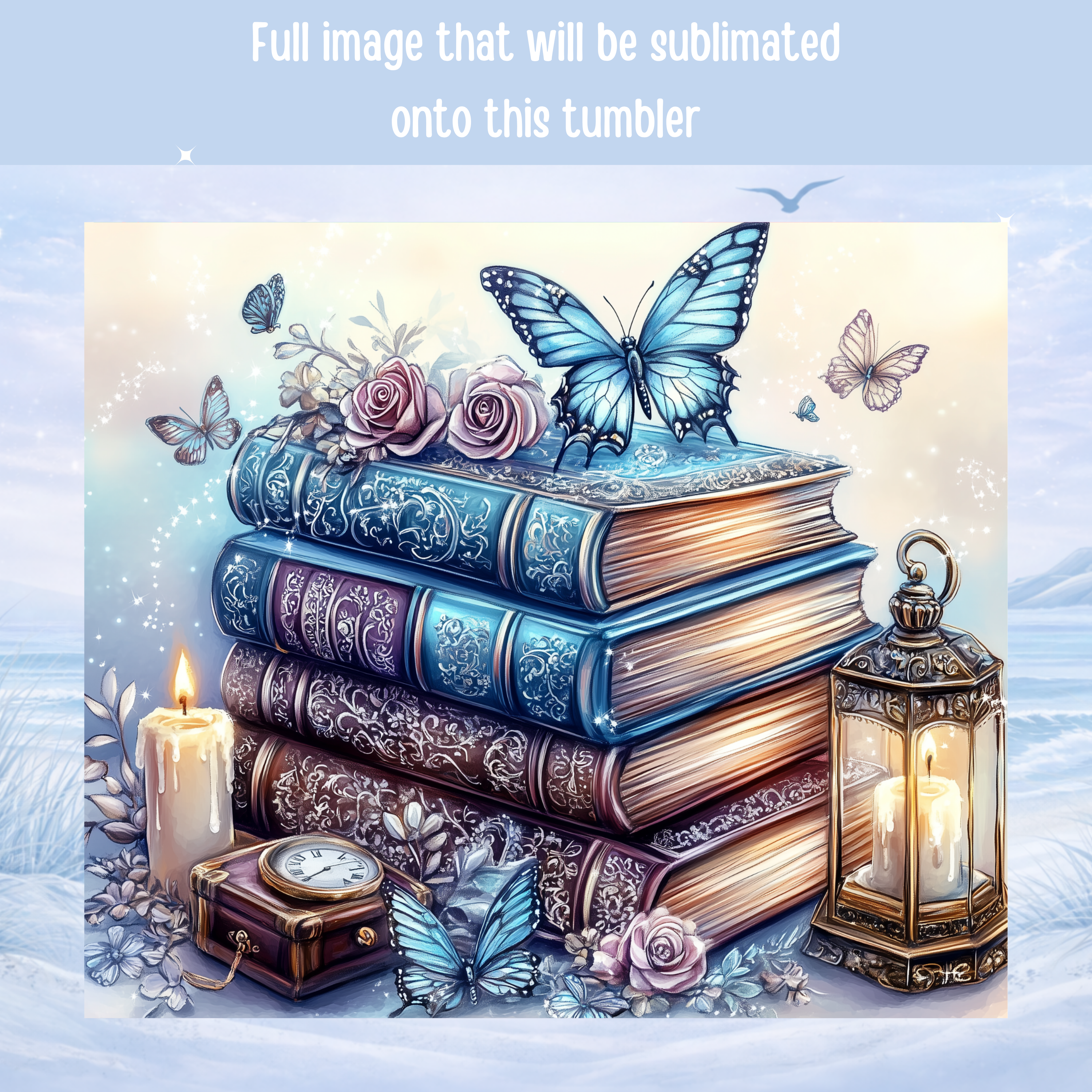 book lover tumbler butterflies and stacked books design