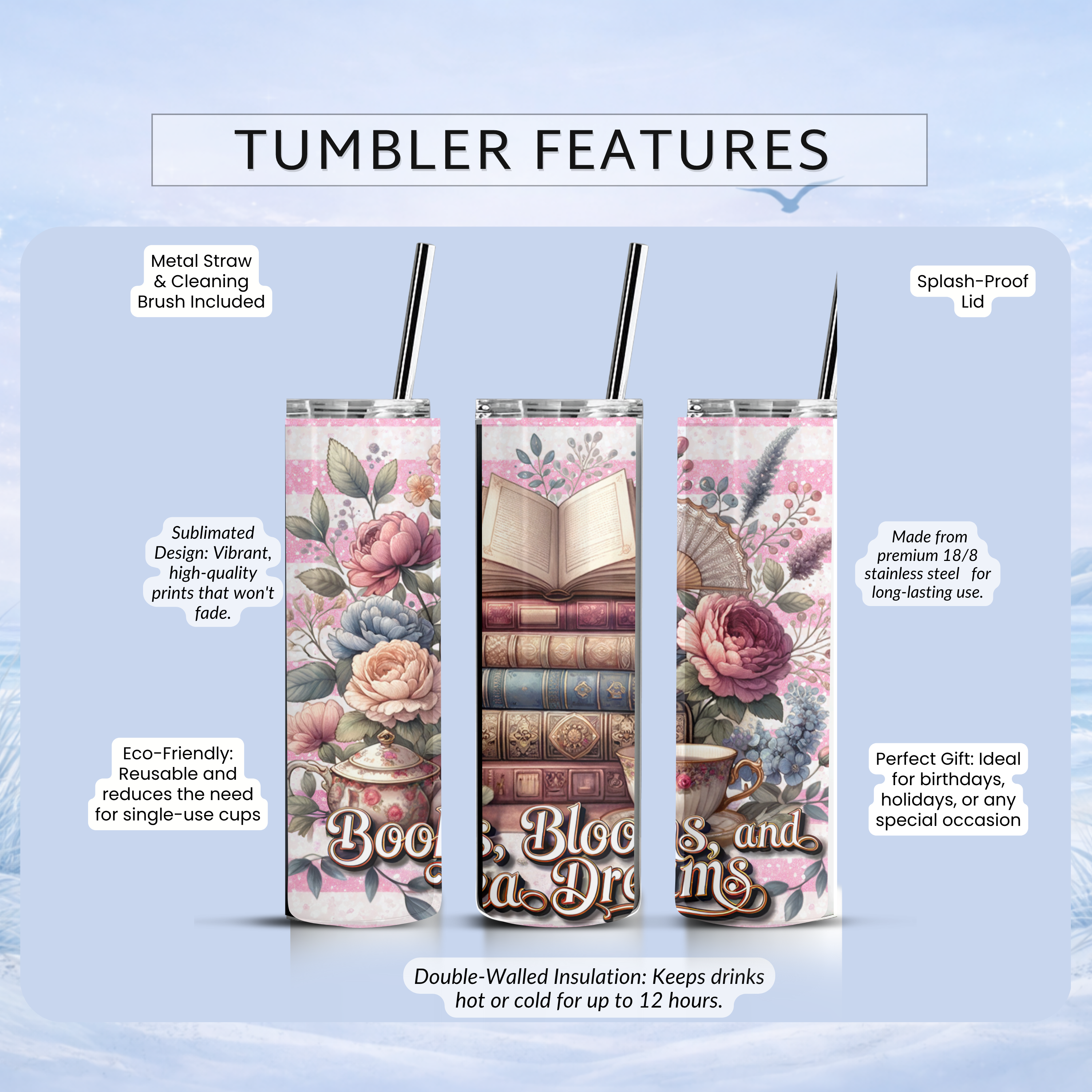 book lover tumbler pink floral tea cup design