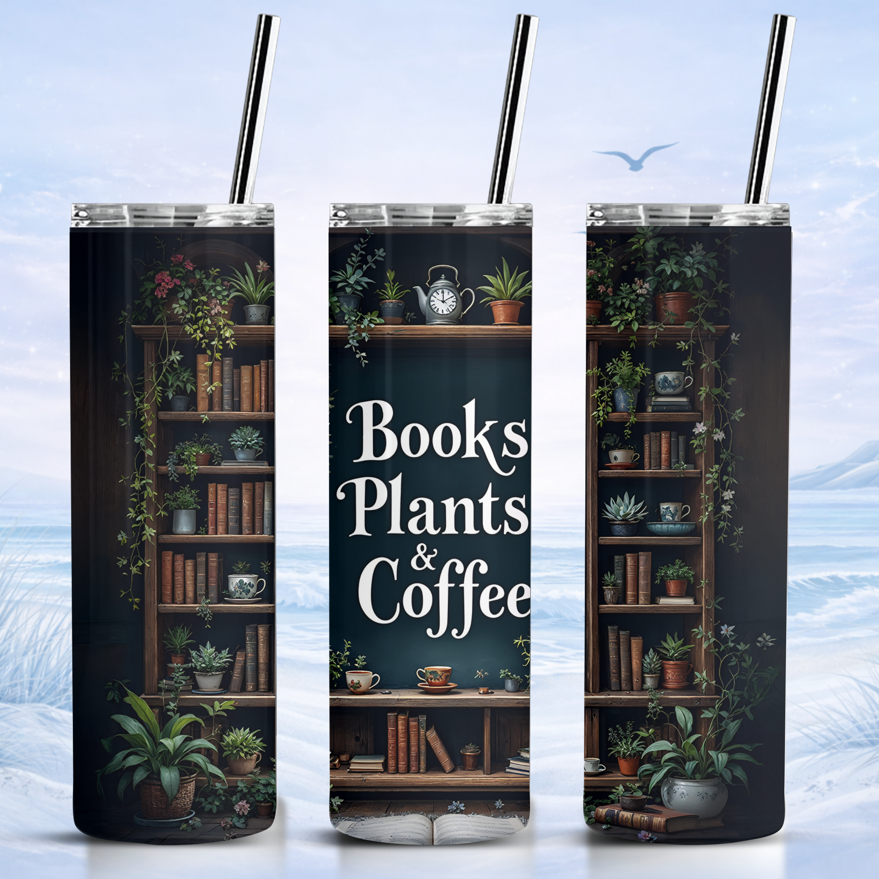 books plants coffee tumbler stainless steel