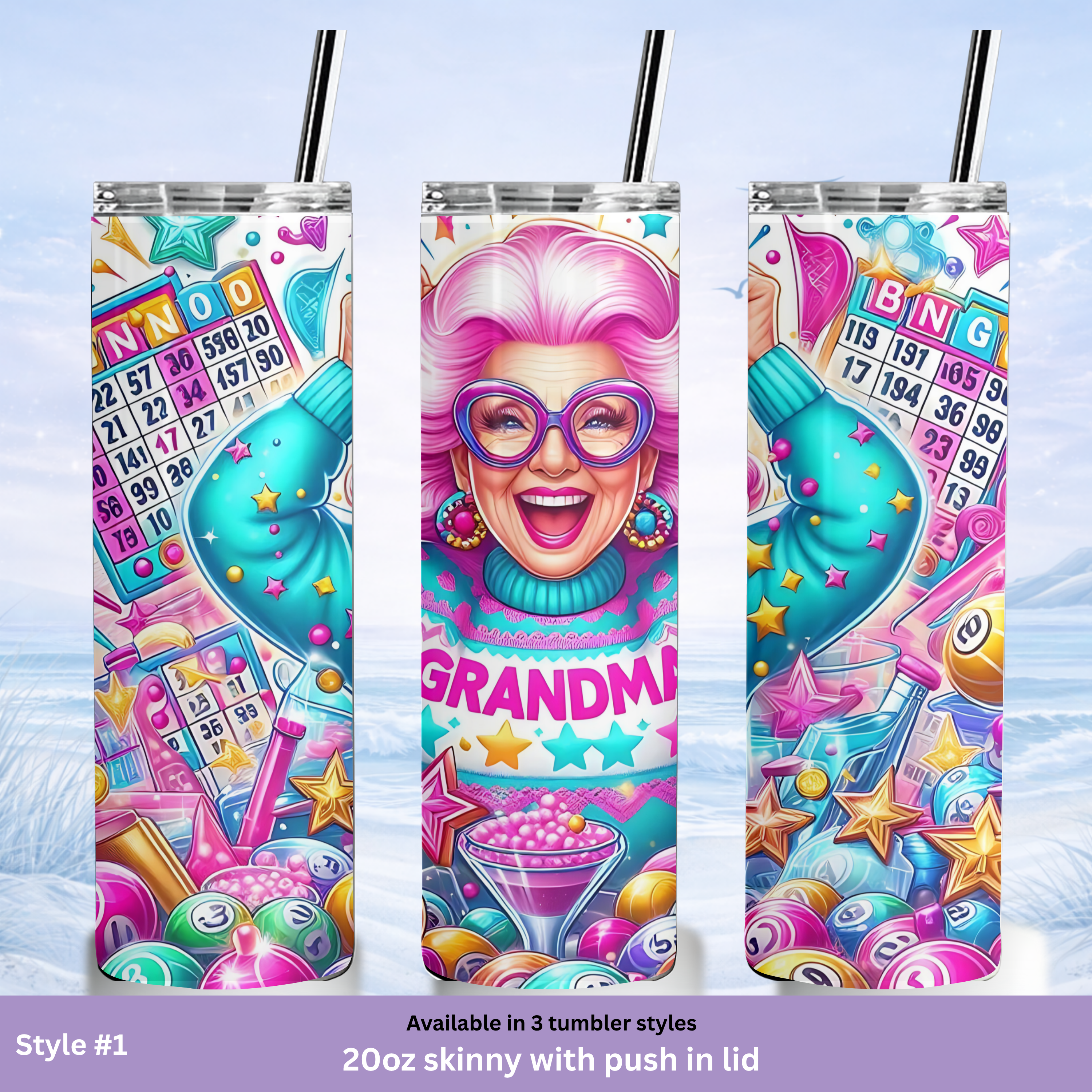 bright colorful bingo drinkware grandma design