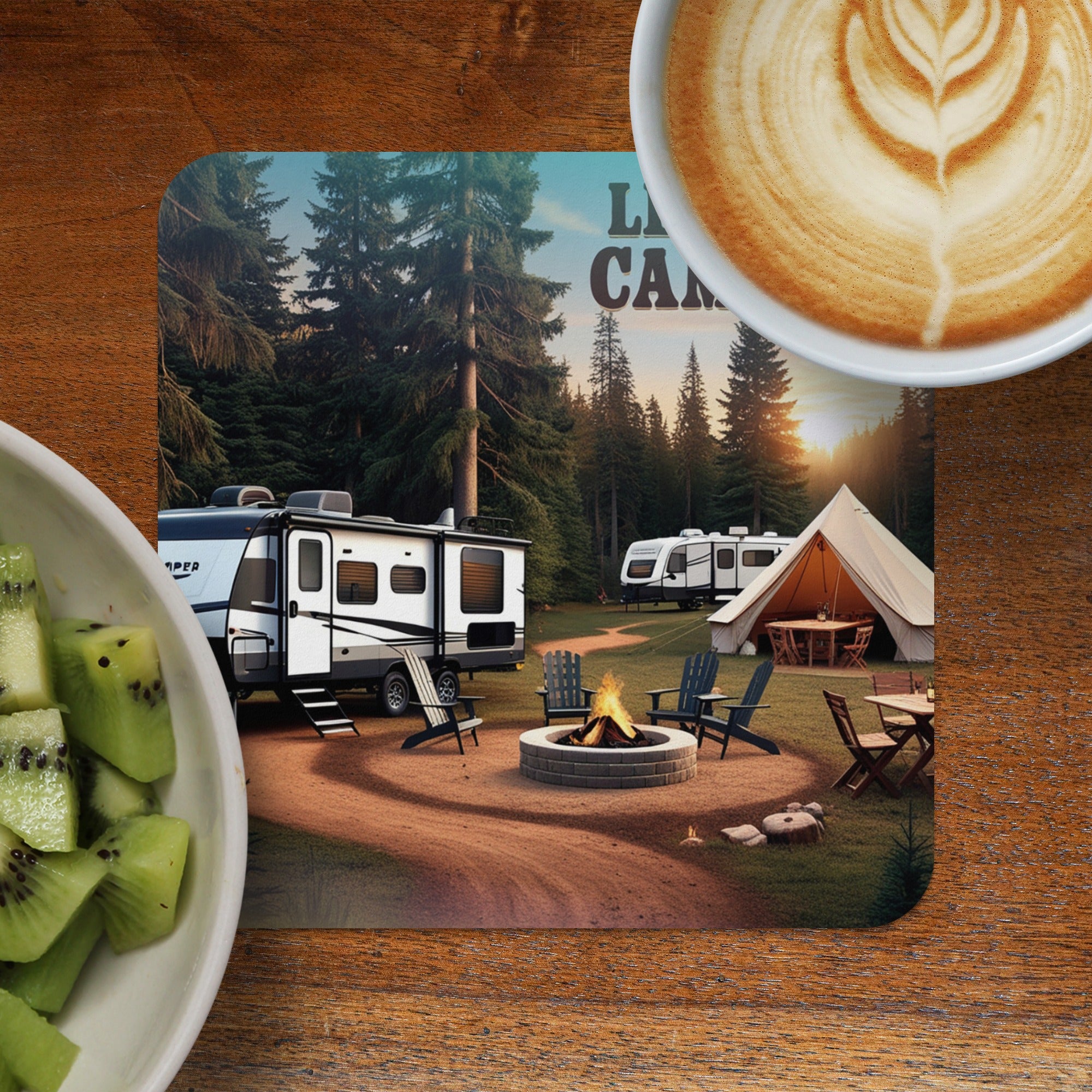 RV and tent camping scene with campfire, coffee, and kiwi slices.