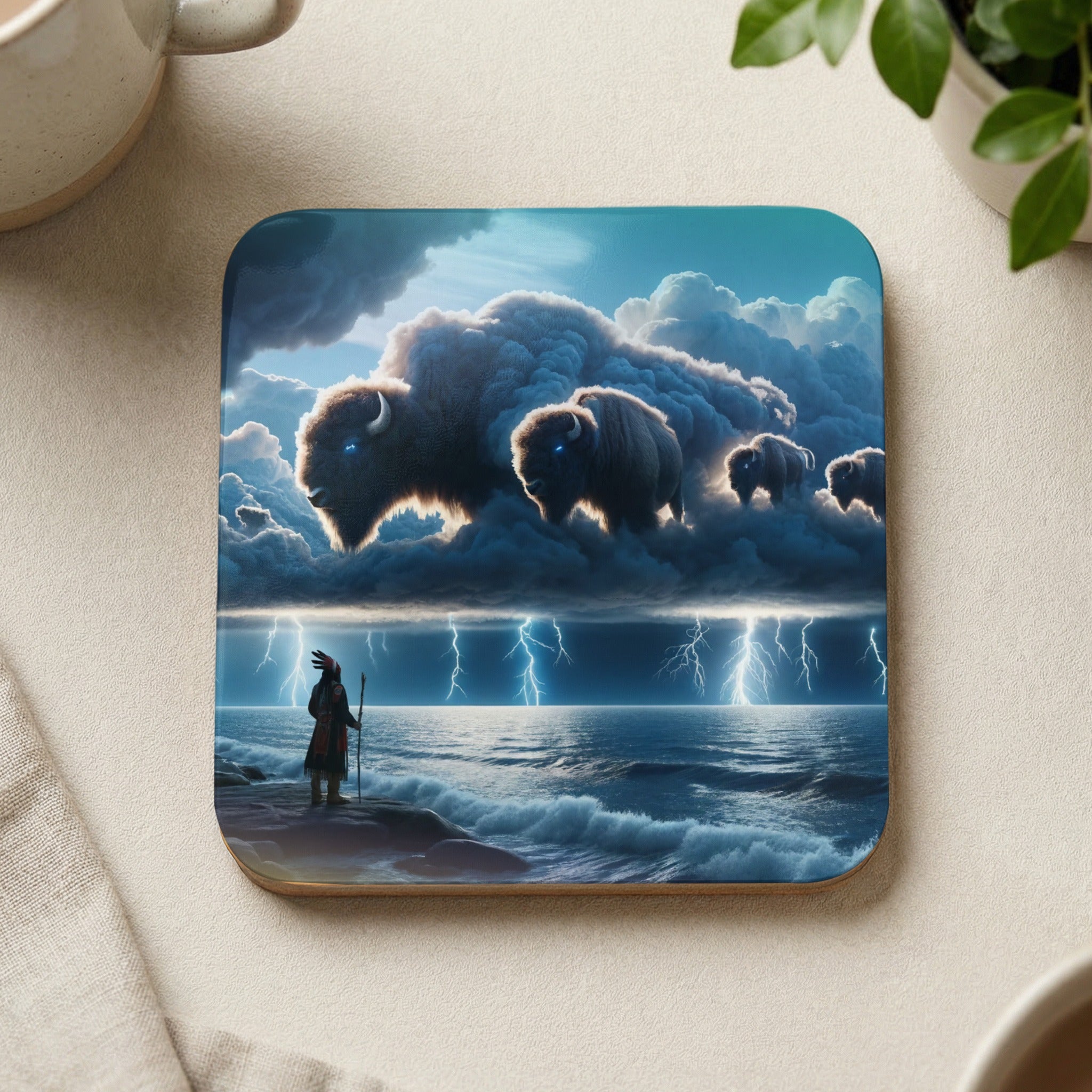 Thunderstorm with bison and Native American warrior by the sea.
