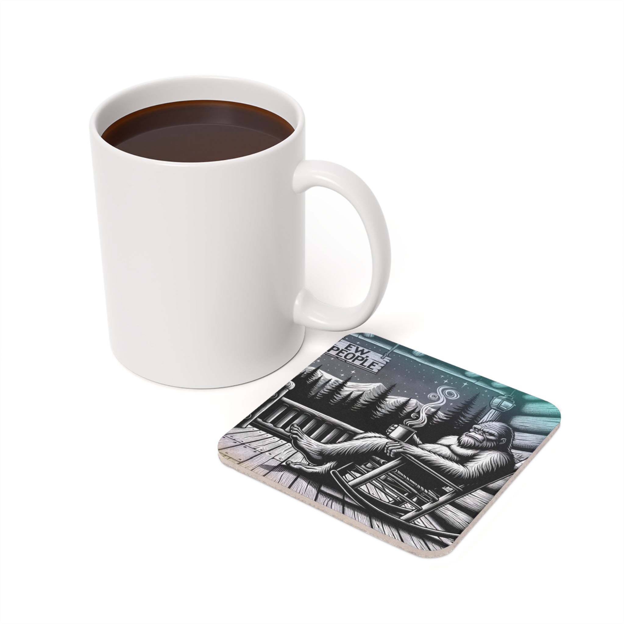 Bigfoot relaxing in a rocking chair with "Good Morning People" text on a coaster.