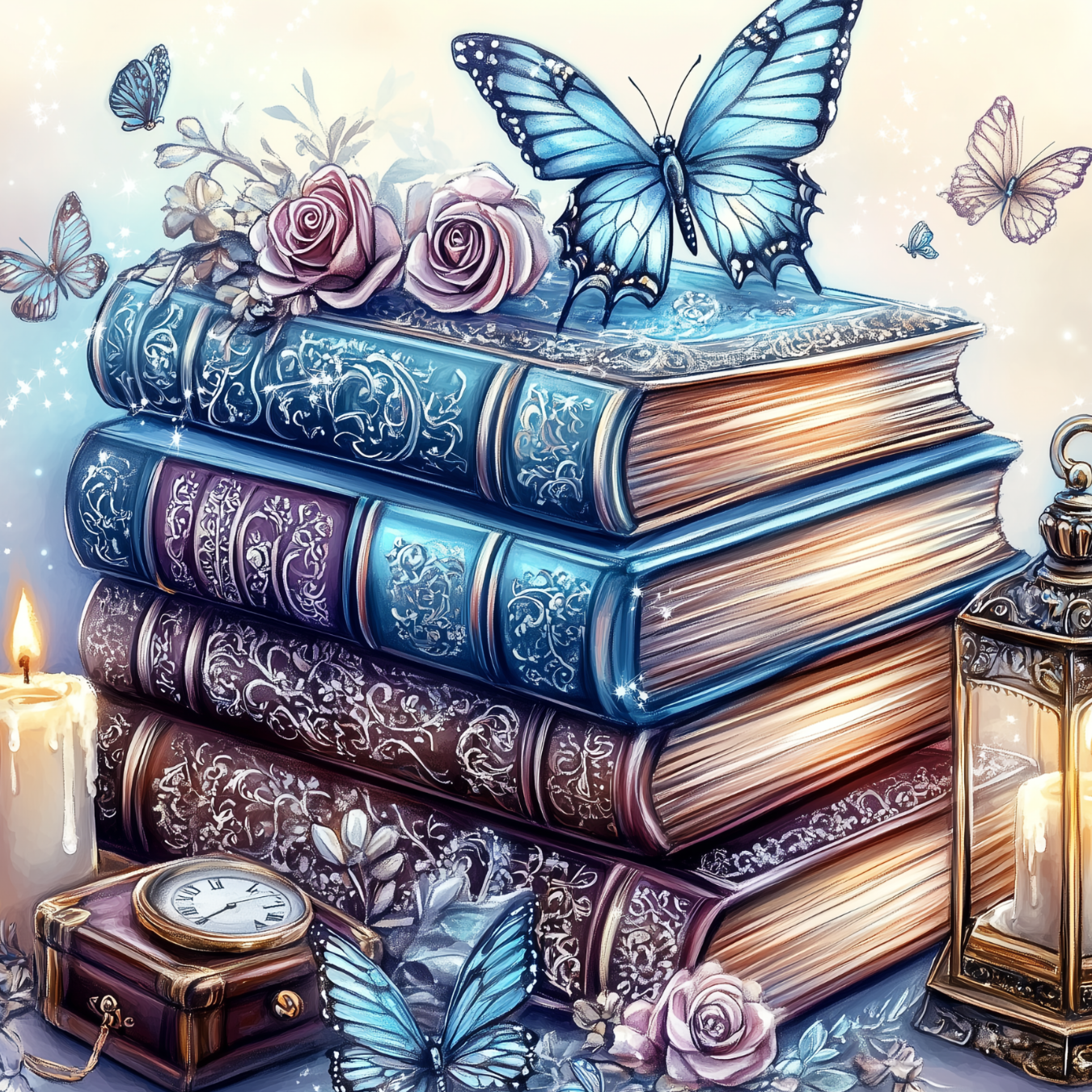 Stack of ornate blue and purple books adorned with butterflies and roses.