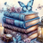 Stack of ornate blue and purple books adorned with butterflies and roses.