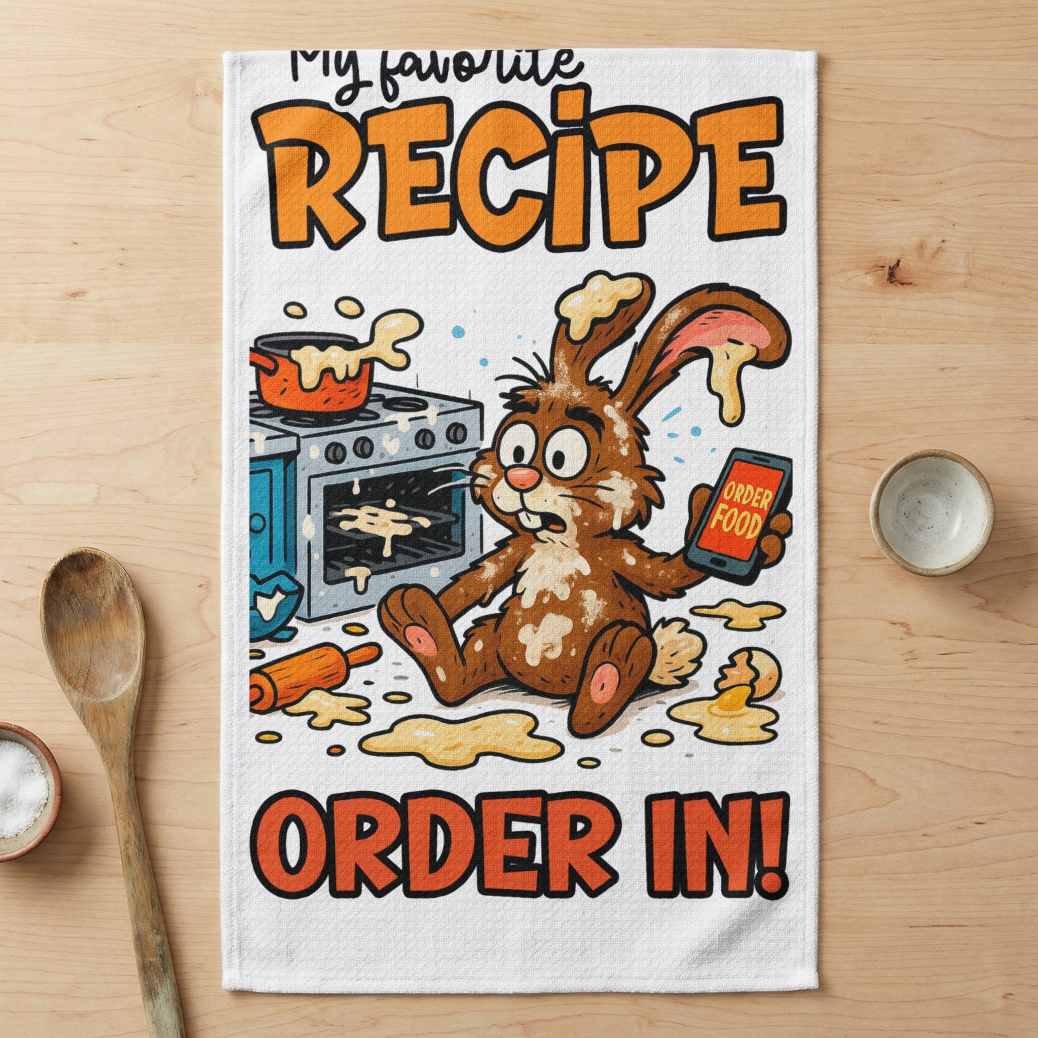 Brown cartoon bunny with spilled food, holding phone, with "My favorite RECIPE ORDER IN!" text.