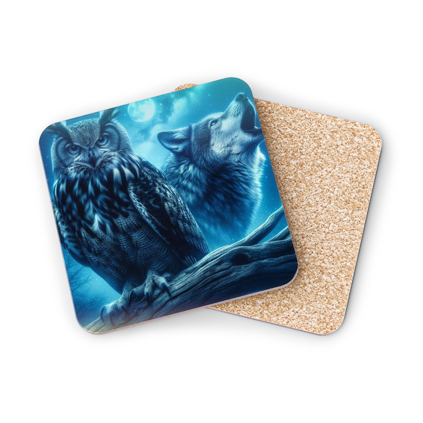 Wolf howling at moon with owl on branch, on two coasters.