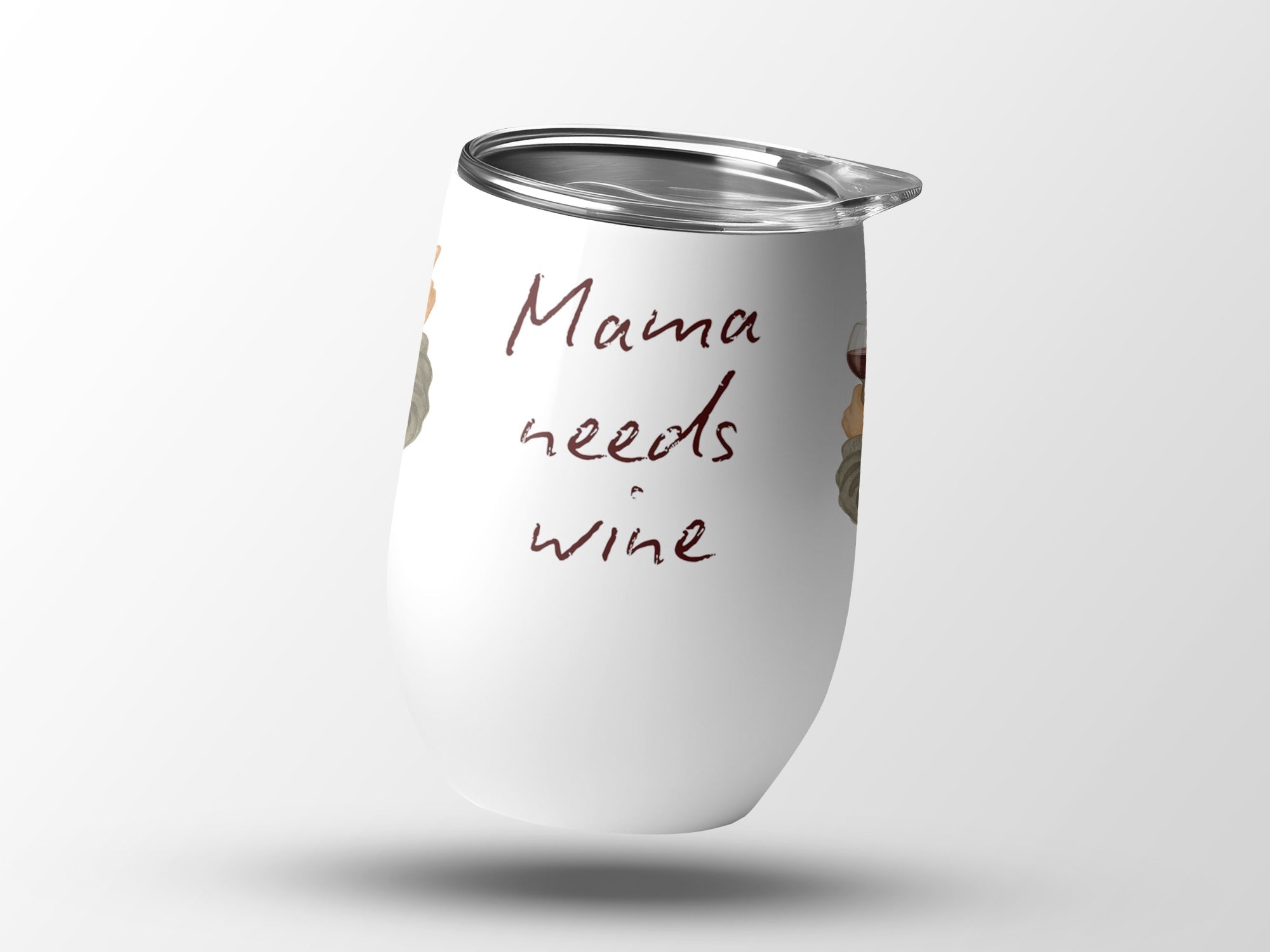 White tumbler with "Mama needs wine" text and decorative elements.