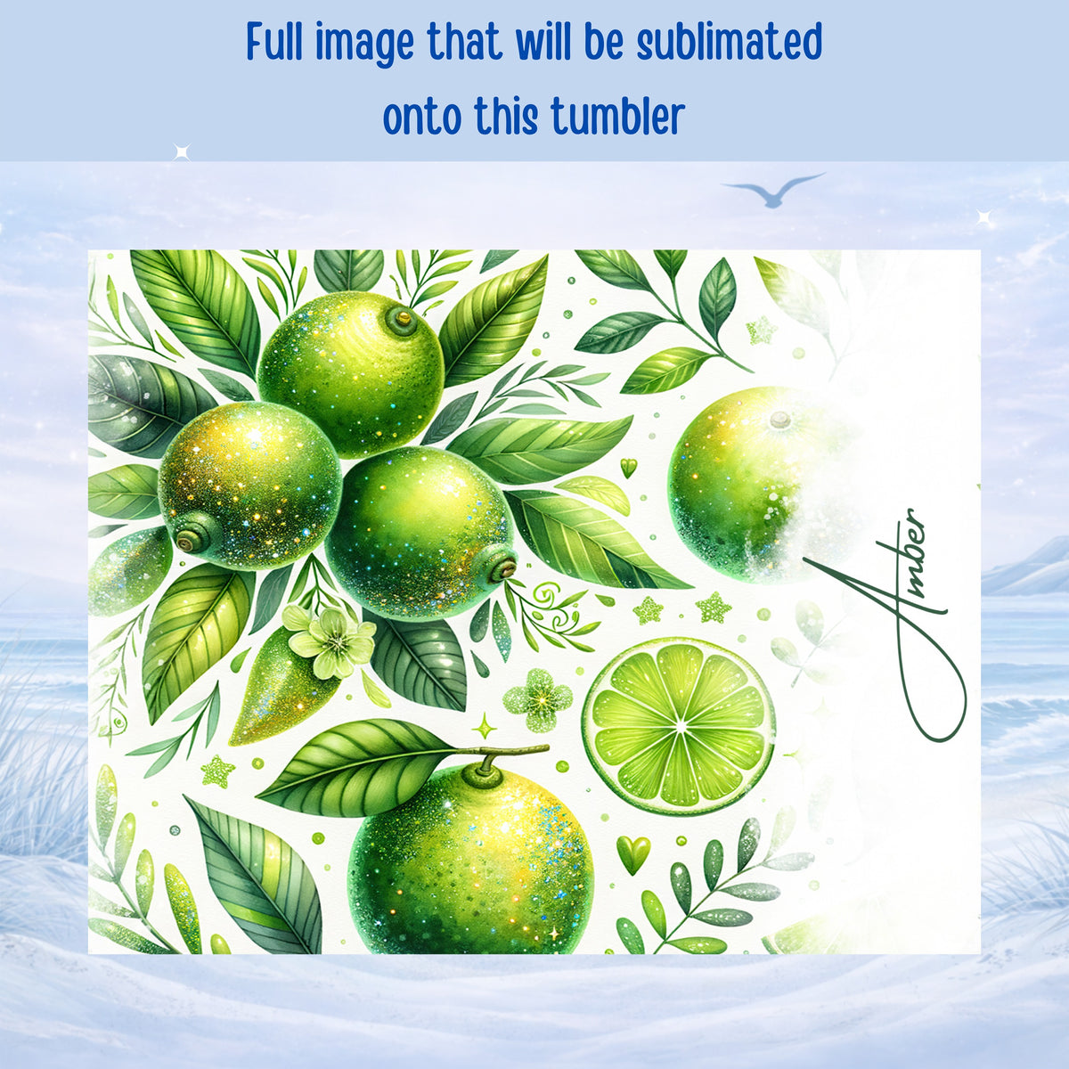 Lime slice and leaves with glitter on white background, "Amber" text.