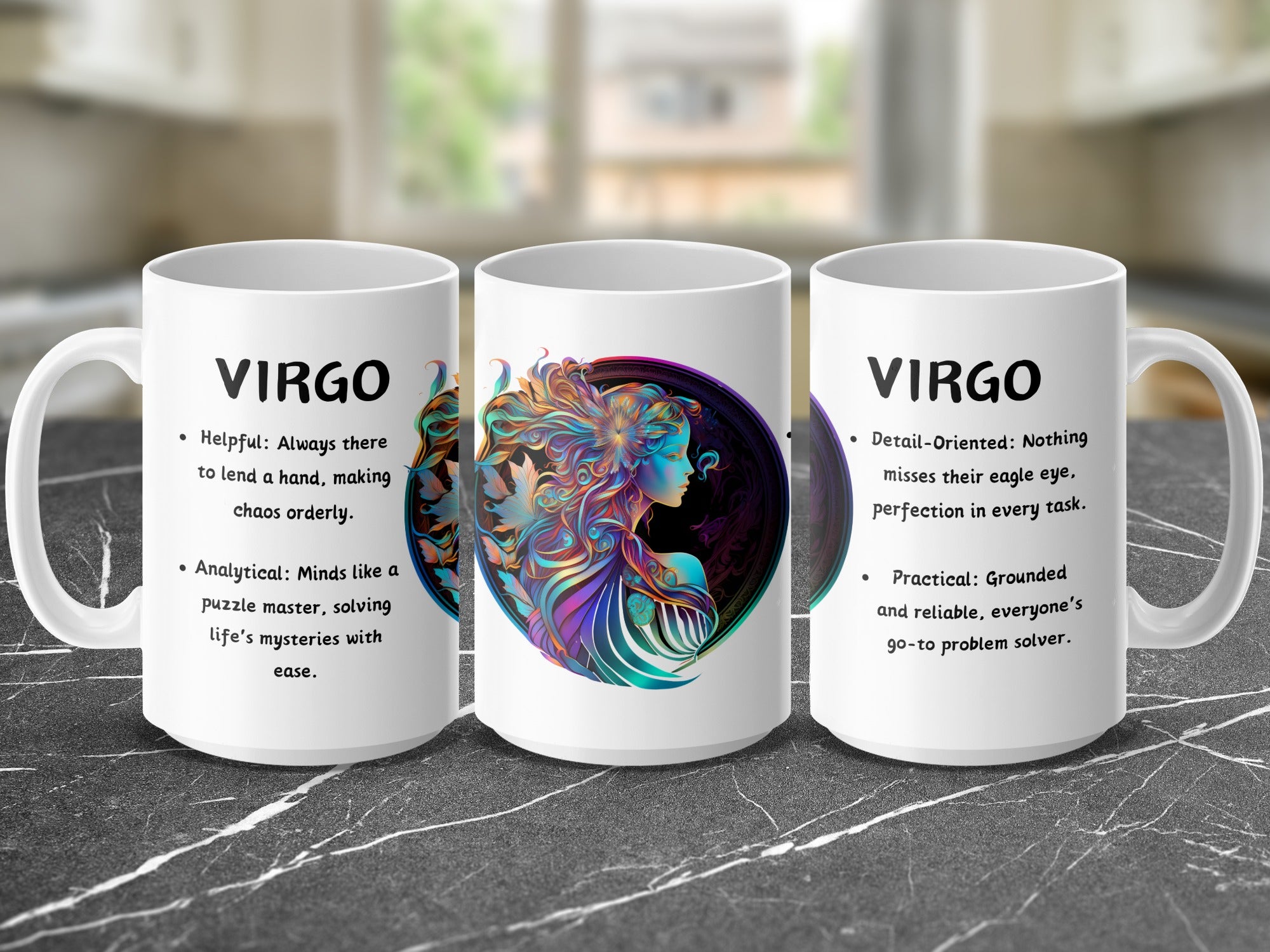 Three mugs showing the Virgo zodiac sign and its traits.