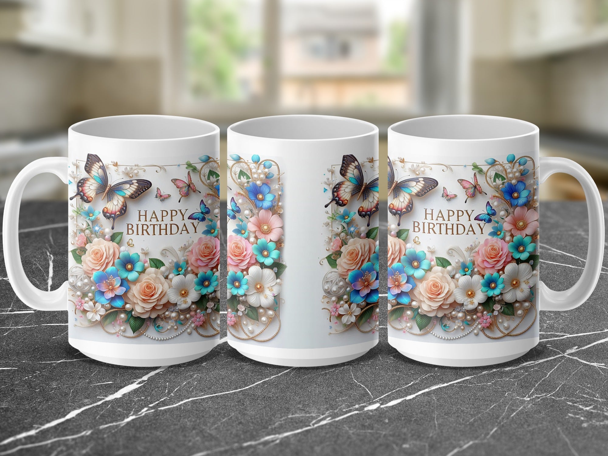 White mug with floral and butterfly "Happy Birthday" design.