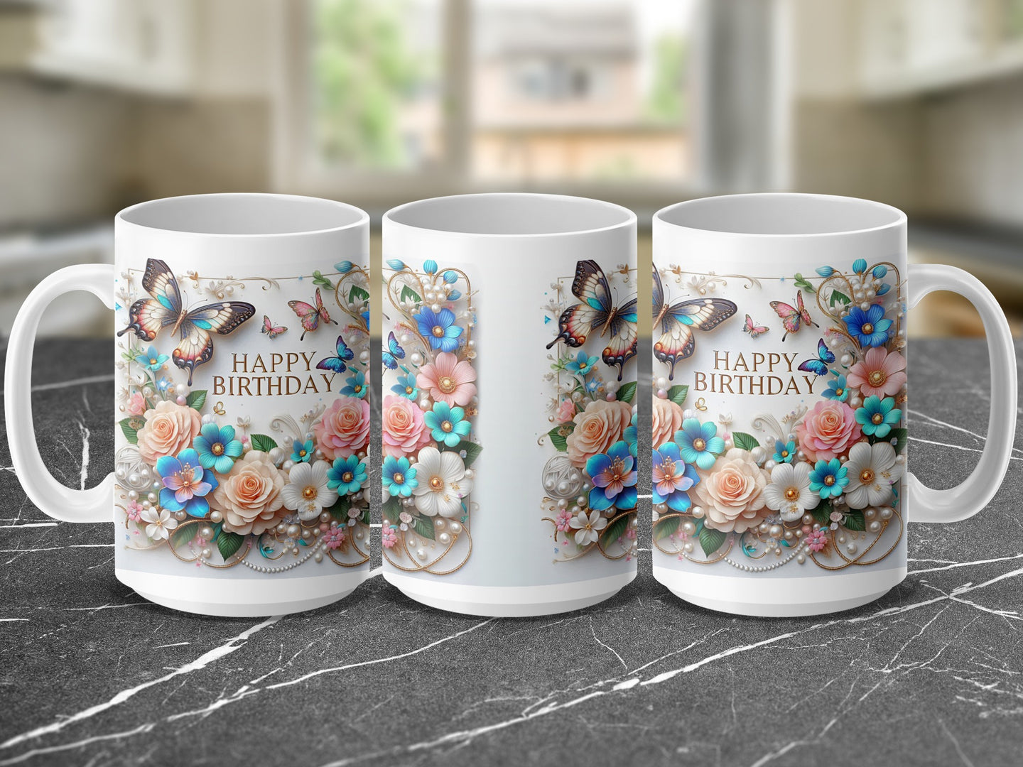White mug with floral and butterfly "Happy Birthday" design.