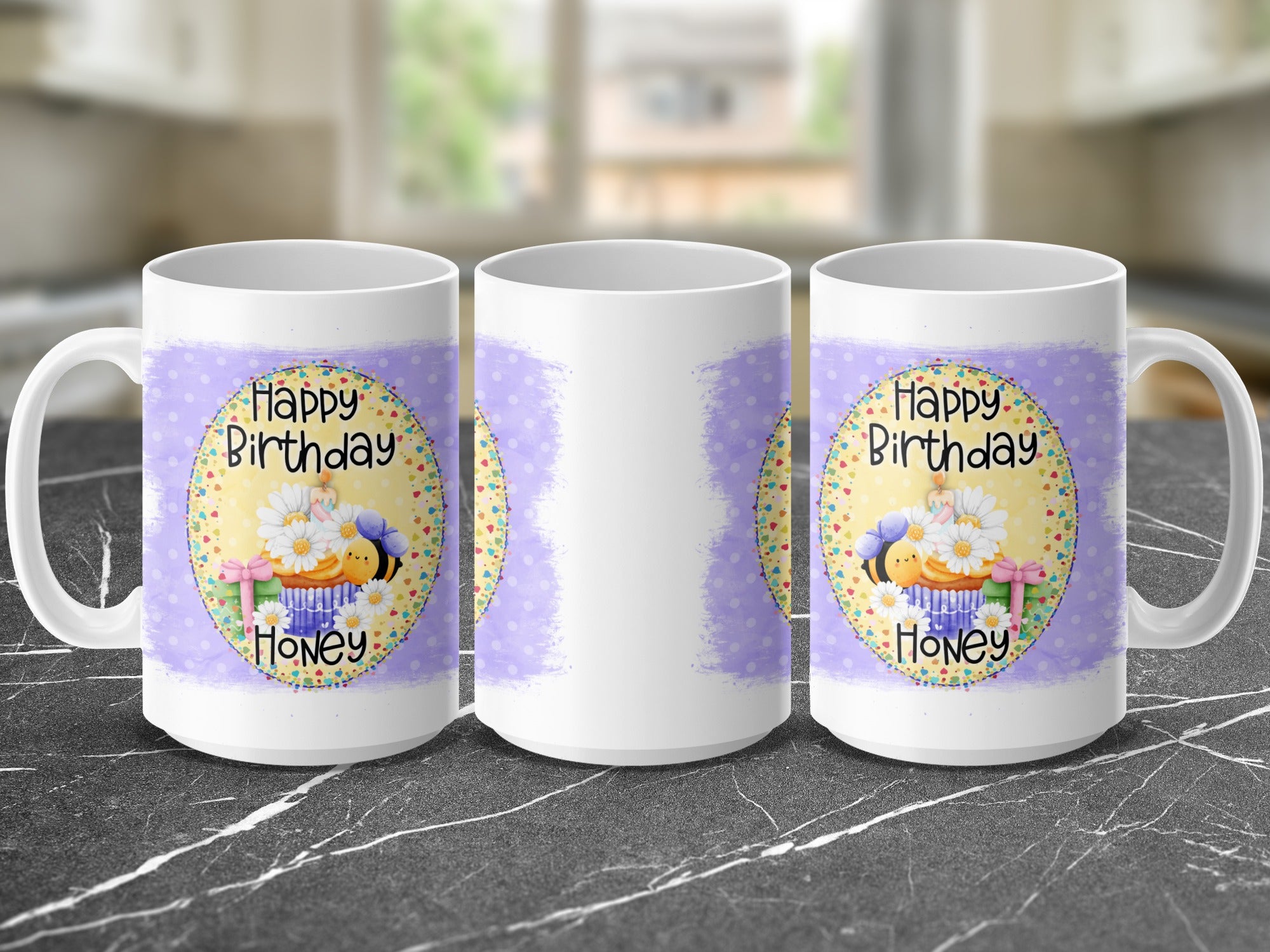 White mug with "Happy Birthday Honey" text and bee design.