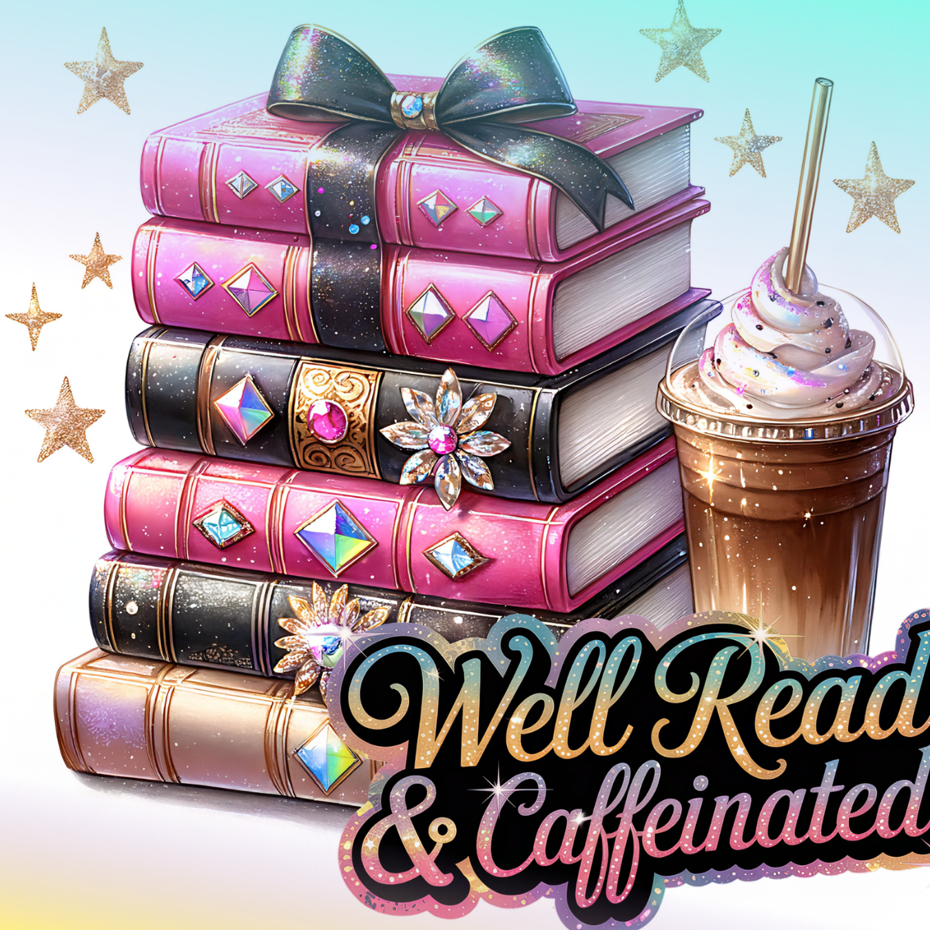 Stack of pink and black jeweled books with a coffee drink and "Well Read & Caffeinated" text.