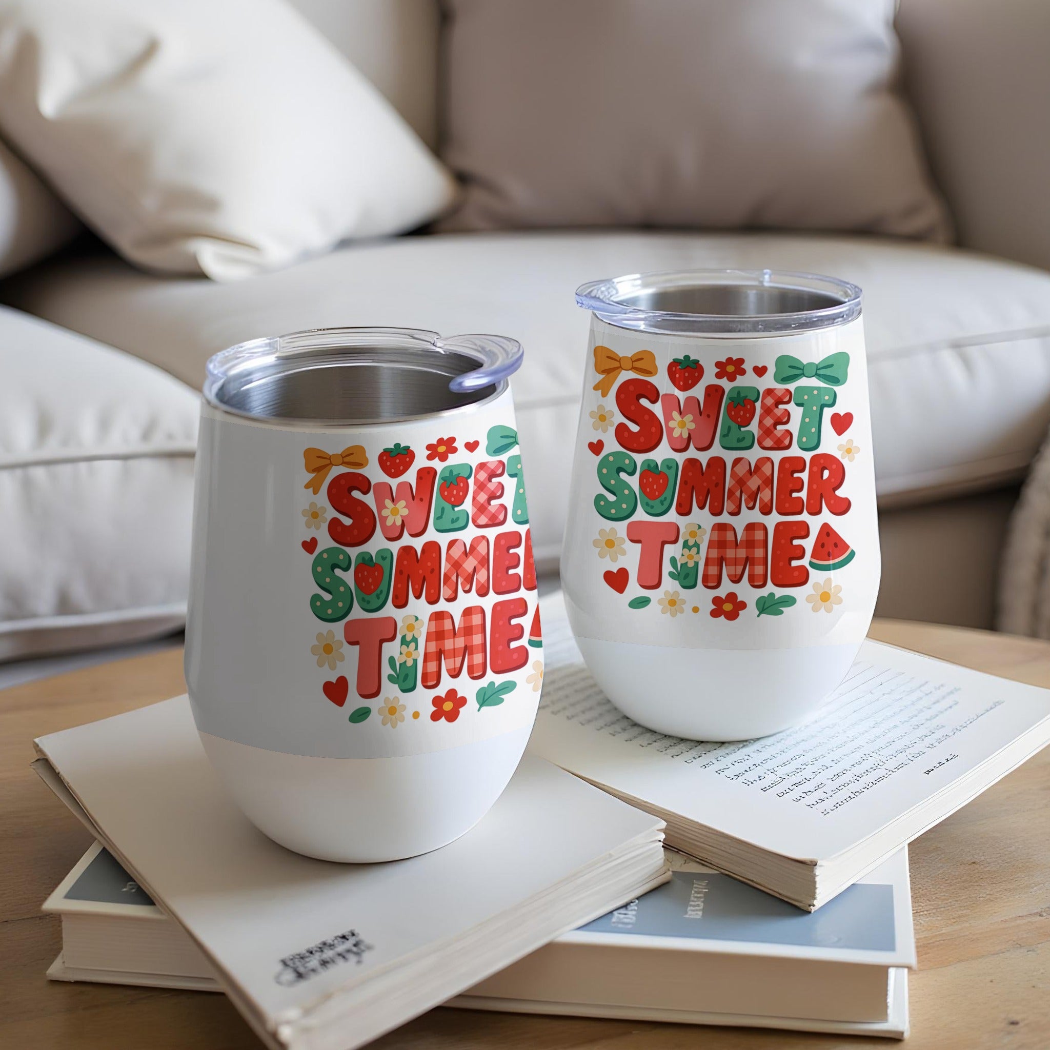 Two white insulated tumblers with "Sweet Summer Time" text and fruit designs.