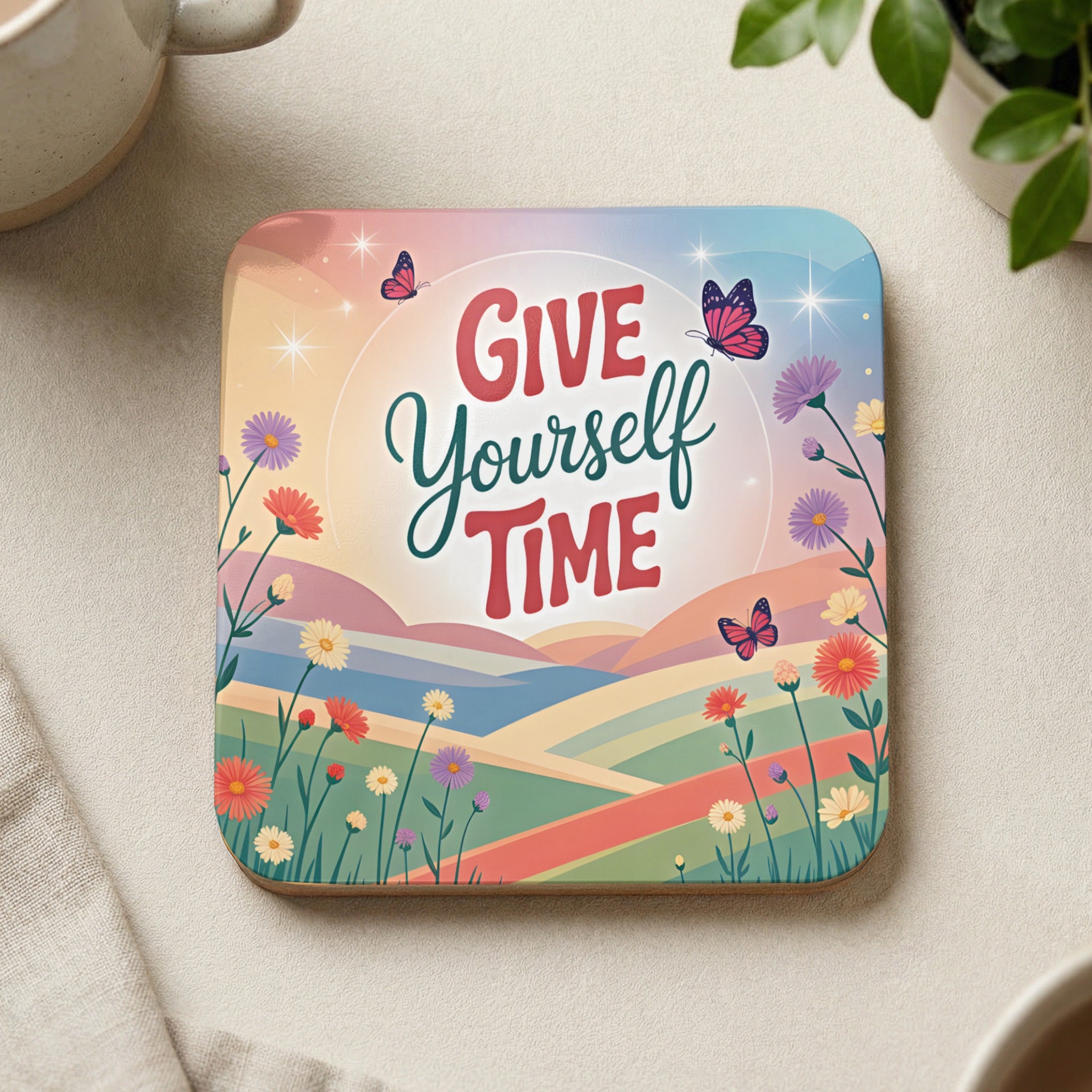 Coaster with "Give Yourself Time" text and colorful landscape with butterflies.