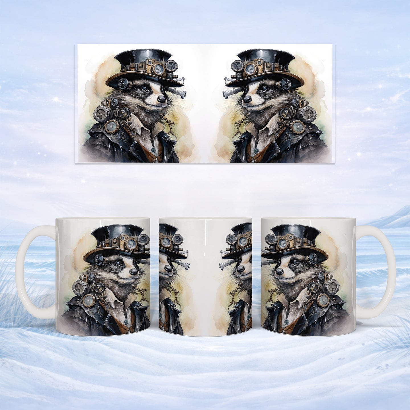 Steampunk raccoon in hat and goggles on a mug, presented in a snowy landscape.