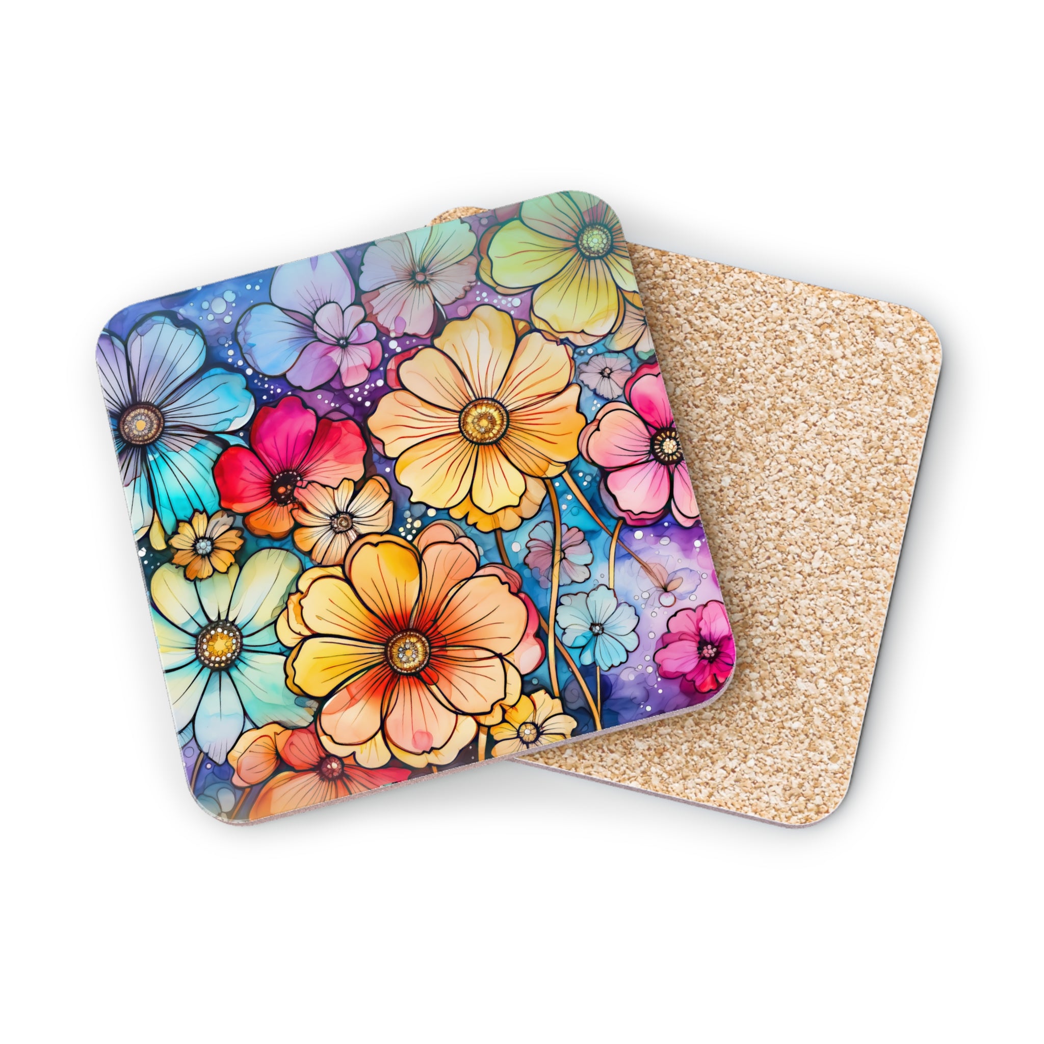 Square coasters with colorful watercolor floral patterns and cork backing.
