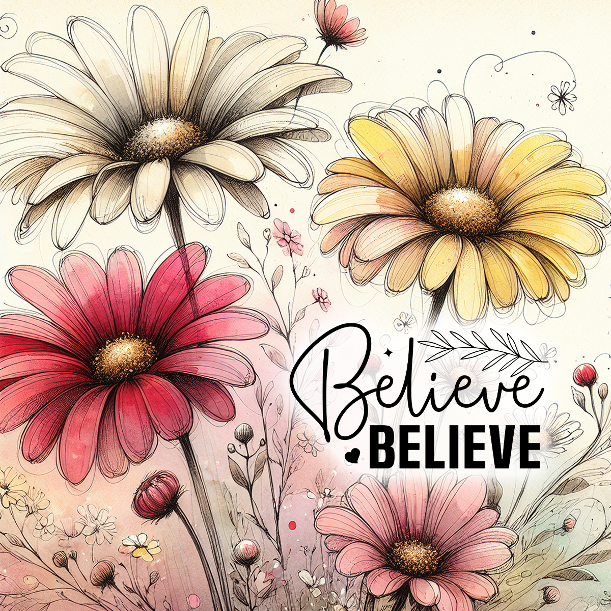 Watercolor daisies in pink, red, and yellow with "Believe" text.