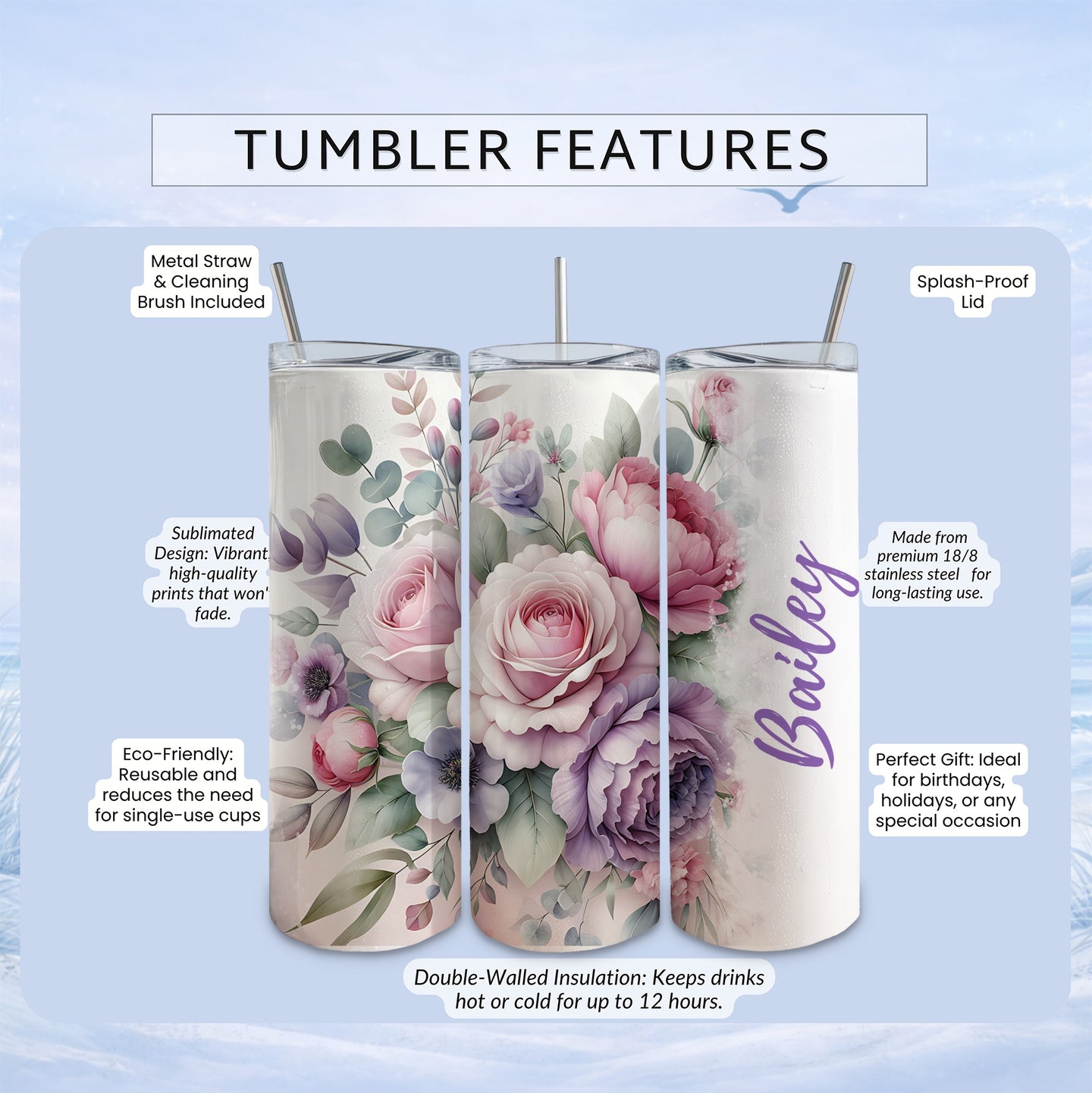 Tumbler with floral design, "Bailey" name, and feature callouts.