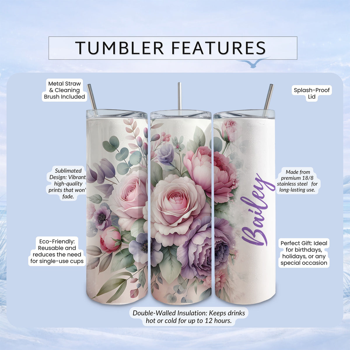 Tumbler with floral design, "Bailey" name, and feature callouts.