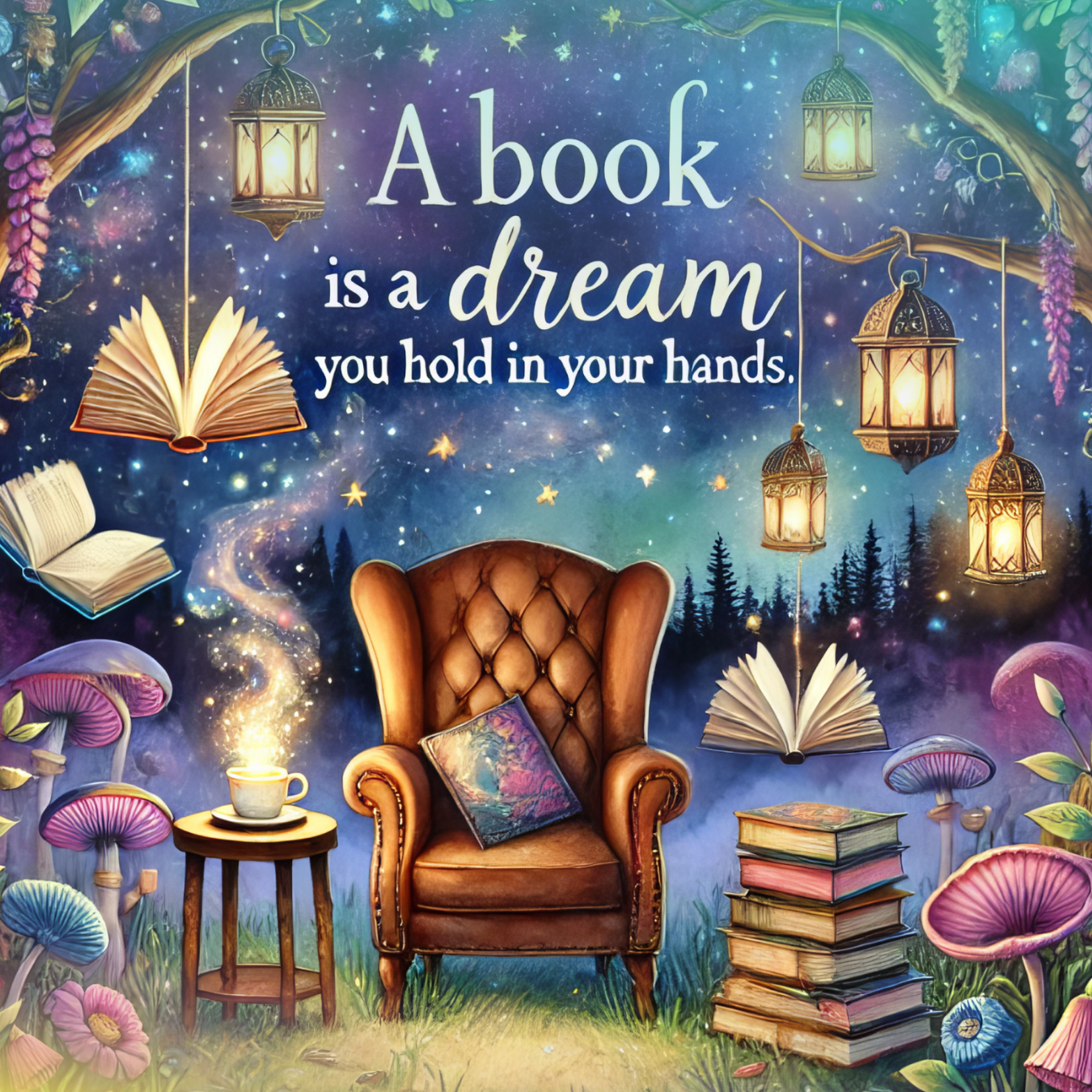 Armchair with stacked books and glowing lanterns, inviting a dreamlike reading experience.