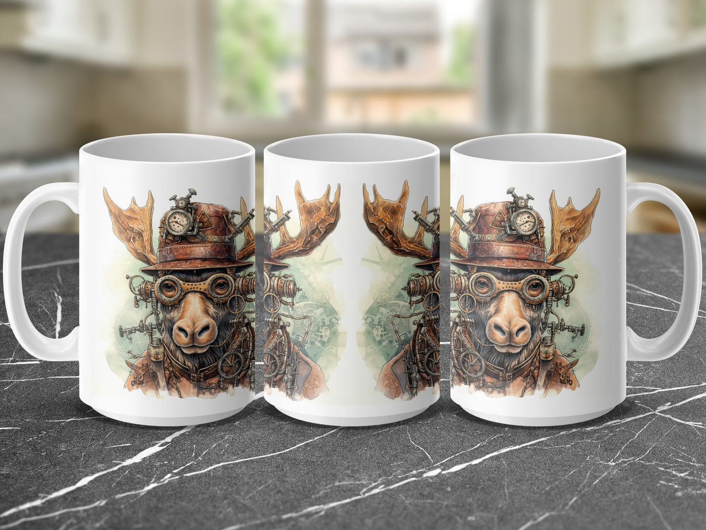 Steampunk moose in hat and goggles on mug, three views.