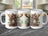 Steampunk moose in hat and goggles on mug, three views.