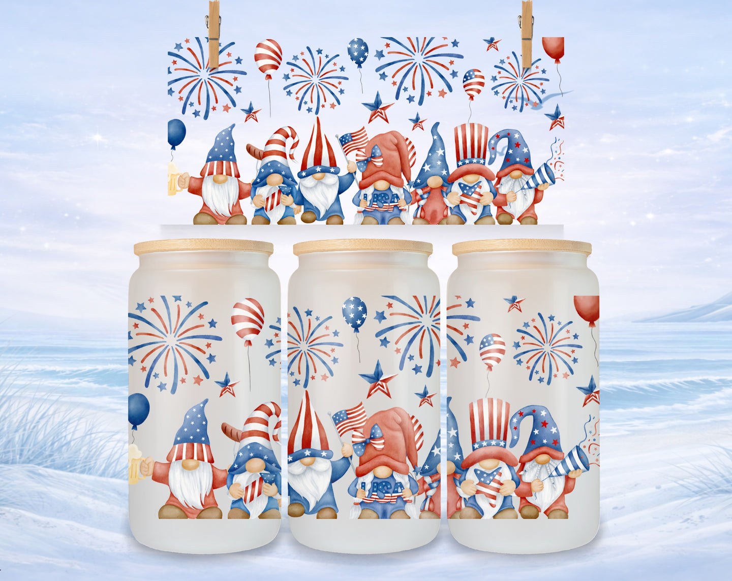 Patriotic gnomes holding flags under fireworks and balloons.