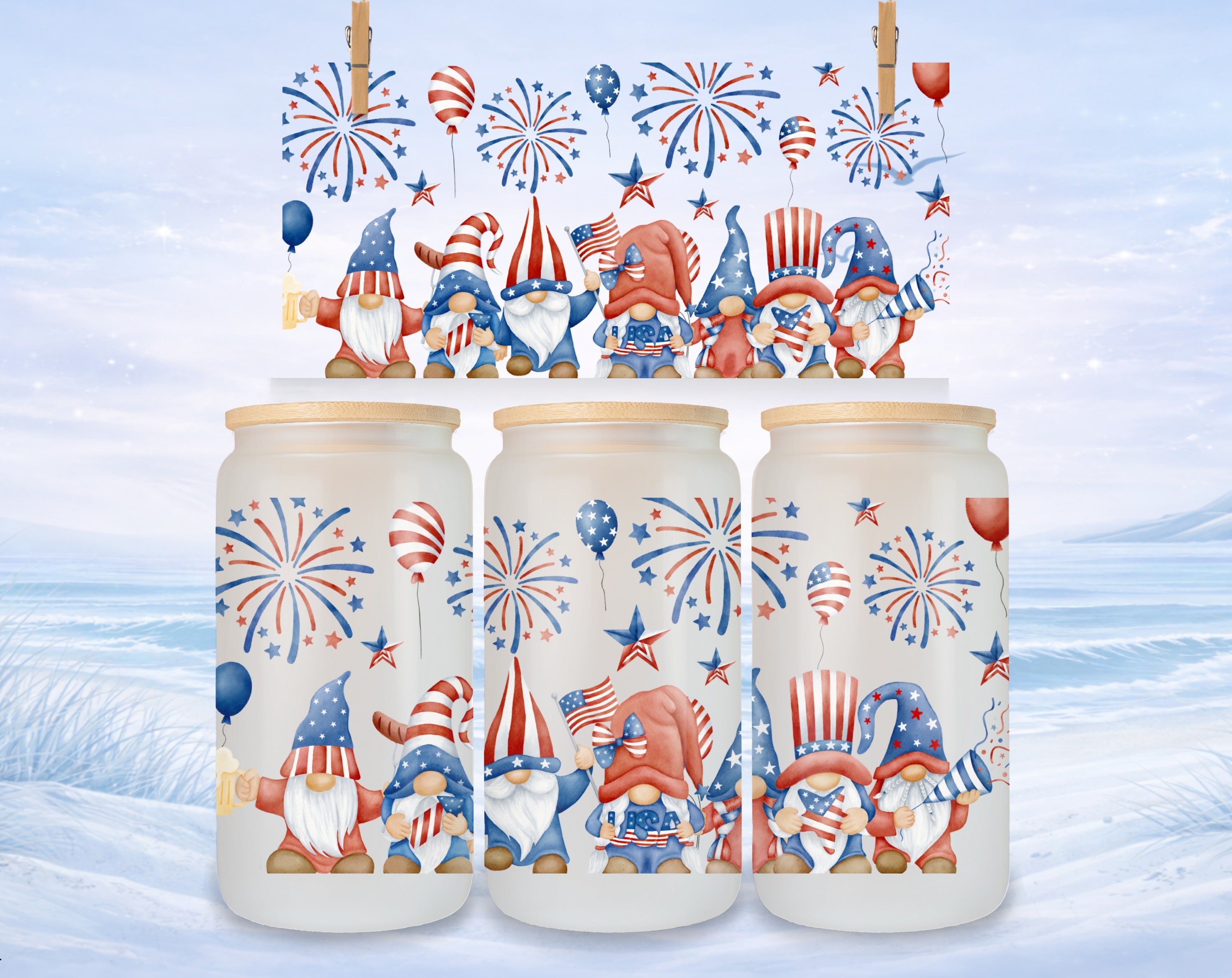 Patriotic gnomes holding flags under fireworks and balloons.