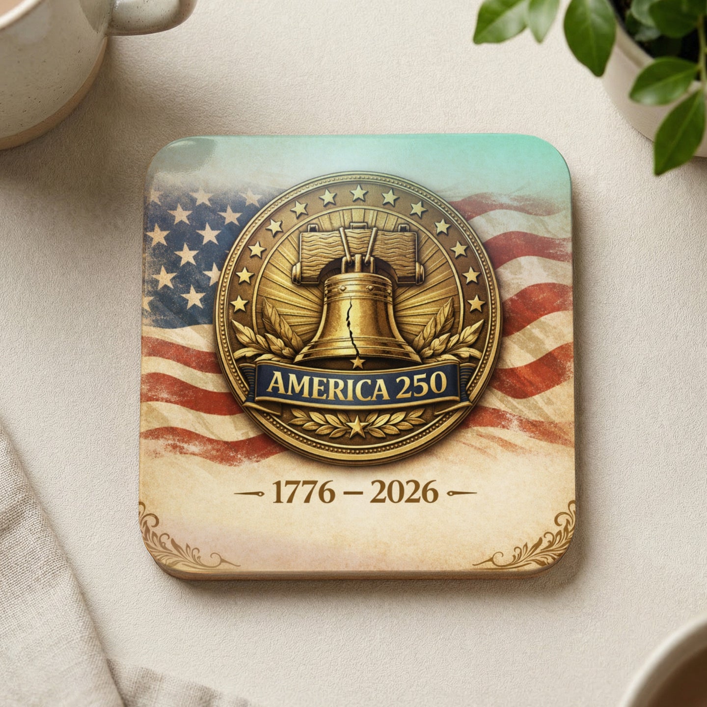 Liberty Bell on American flag, "America 250" and "1776 - 2026".