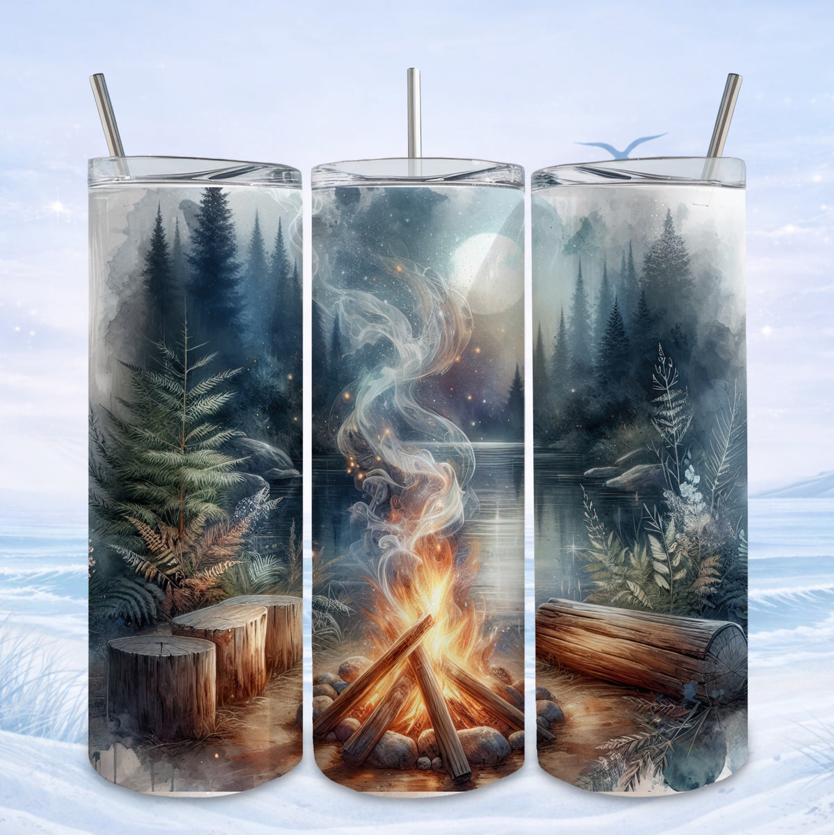 Campfire scene with trees, lake, and moon on a tumbler.