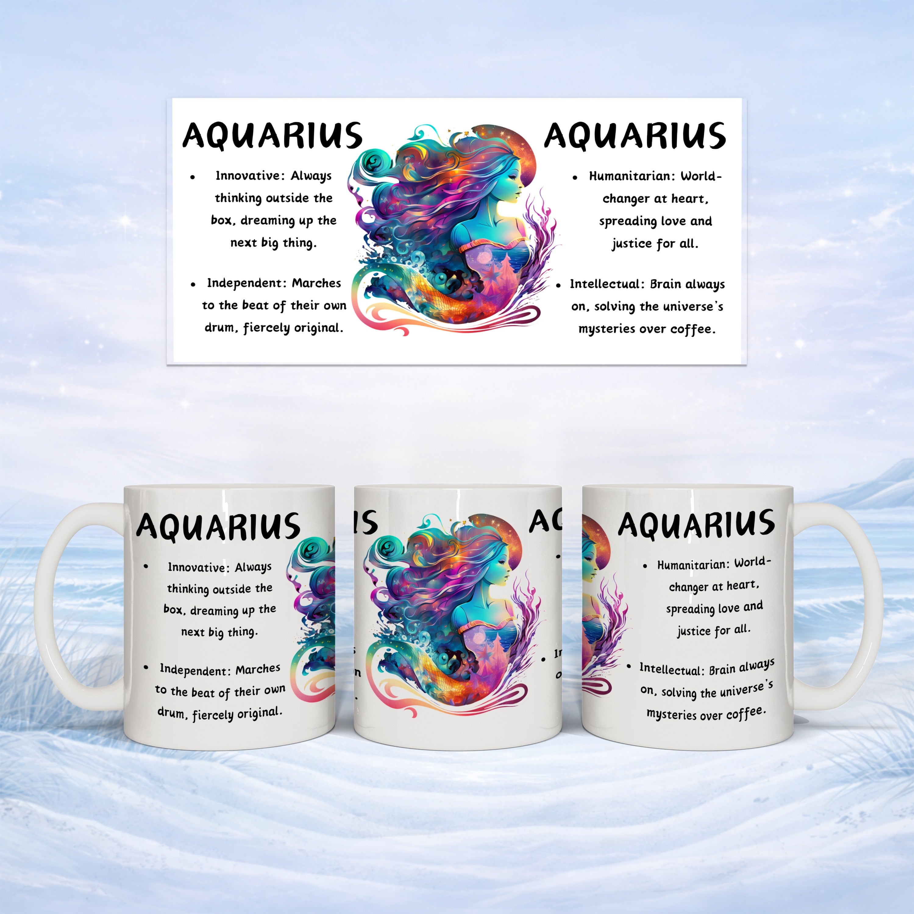 Three white mugs with colorful Aquarius zodiac sign art and descriptions.