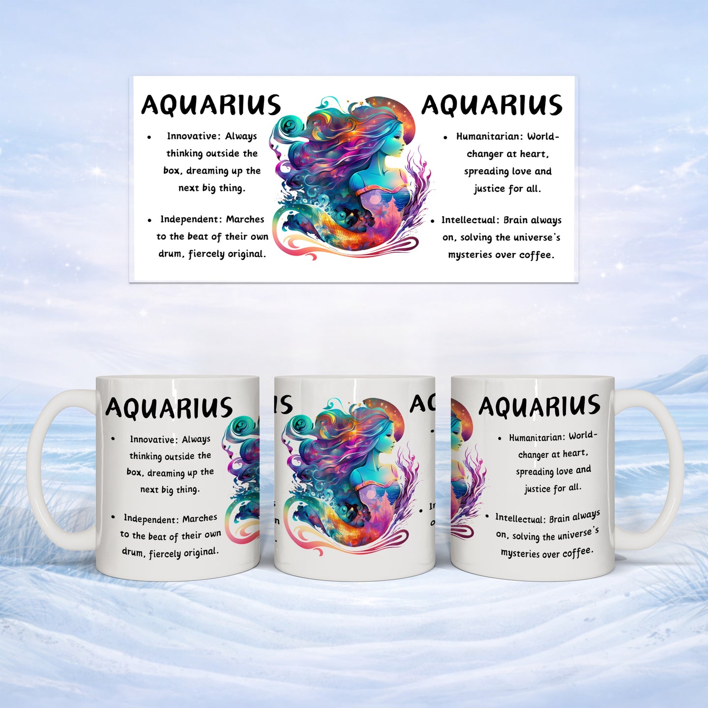 Three white mugs with colorful Aquarius zodiac sign art and descriptions.