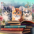 Three kittens wearing glasses sit on a stack of antique books with roses.