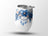 White tumbler with blue floral dreamcatcher design and hanging beads.