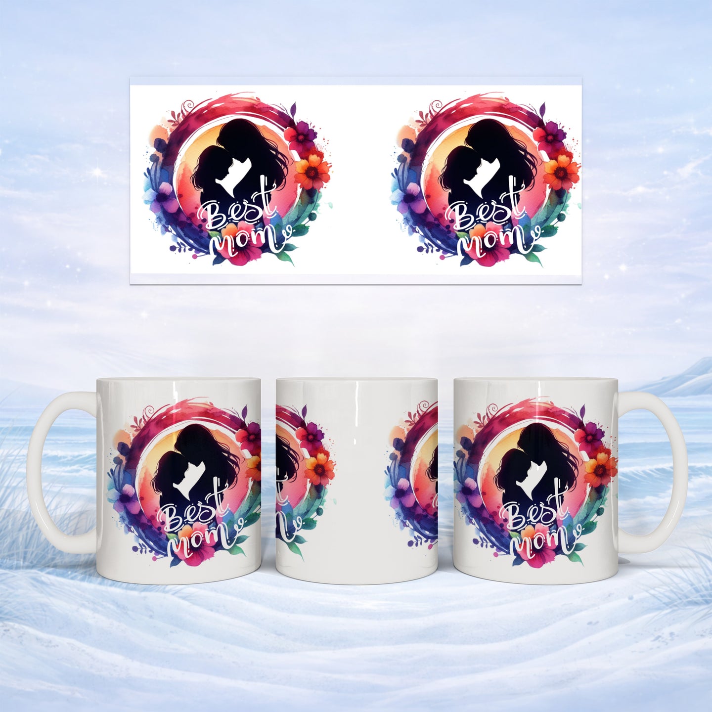Mug featuring colorful floral silhouette of mother and child, "Best Mom" text.