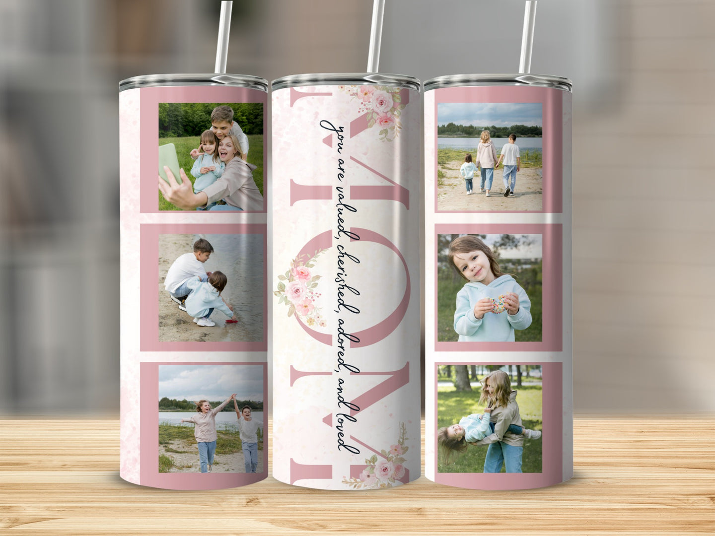 Personalized "Mom" tumbler with floral accents and family photos.
