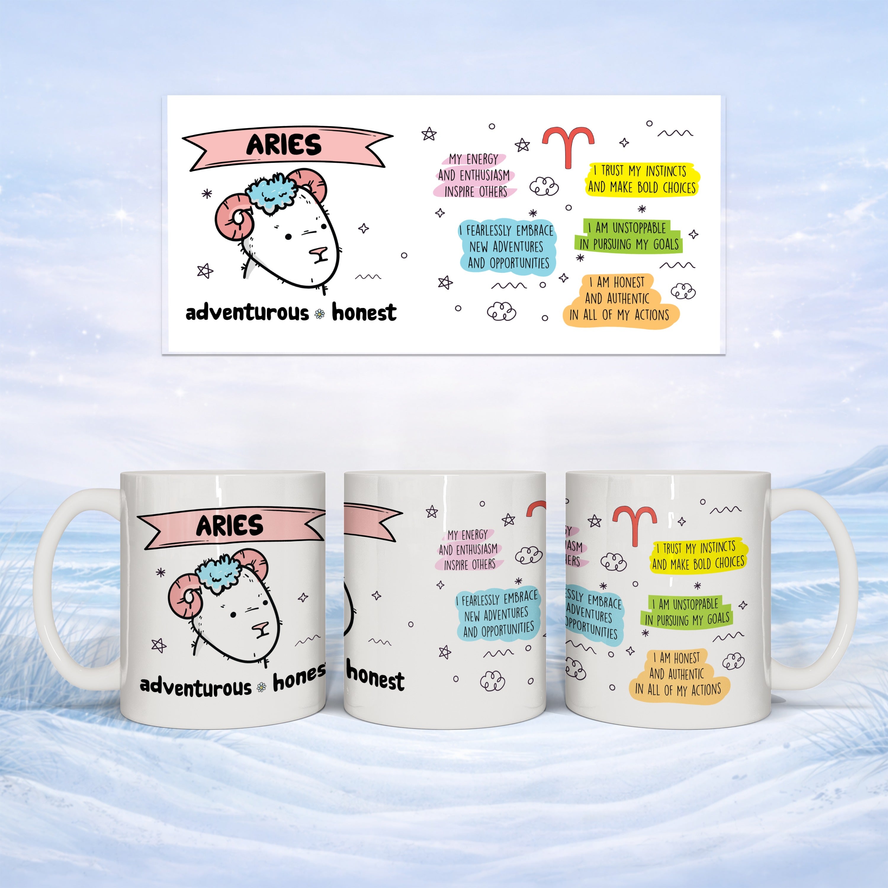 White mugs with Aries constellation, ram, and positive affirmations.