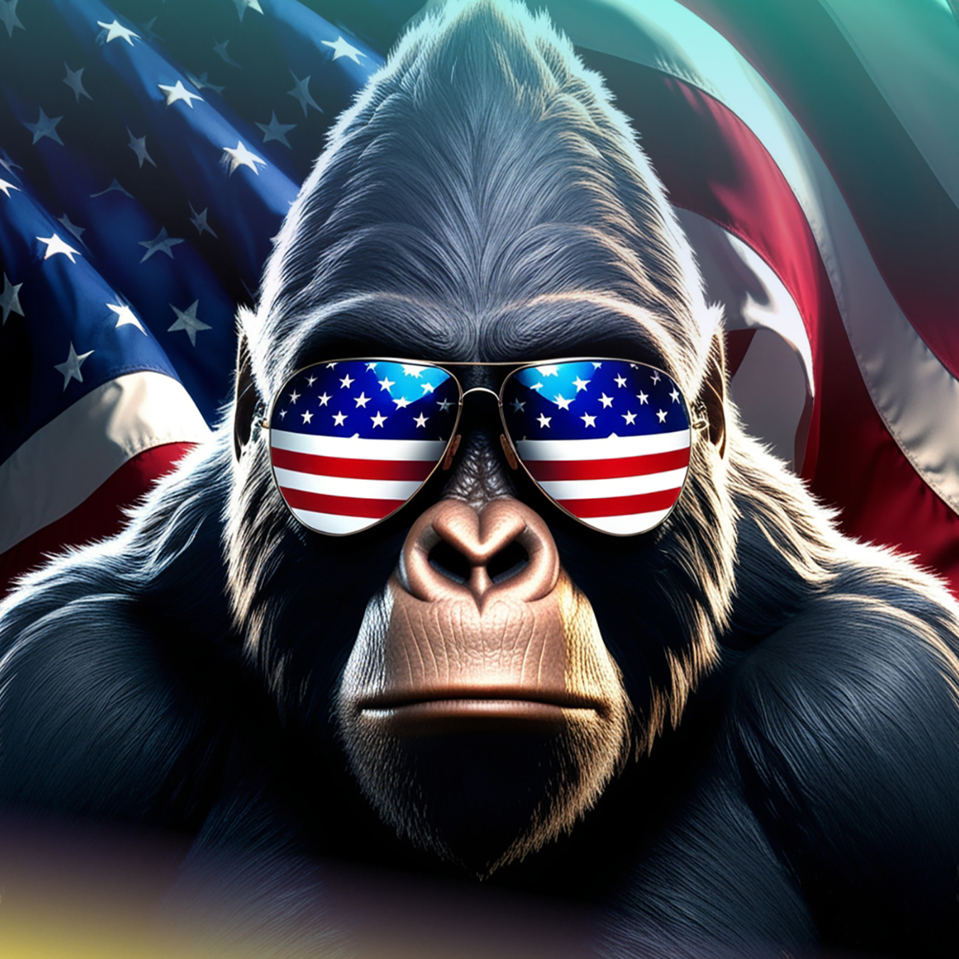 Gorilla wearing American flag sunglasses, patriotic theme.